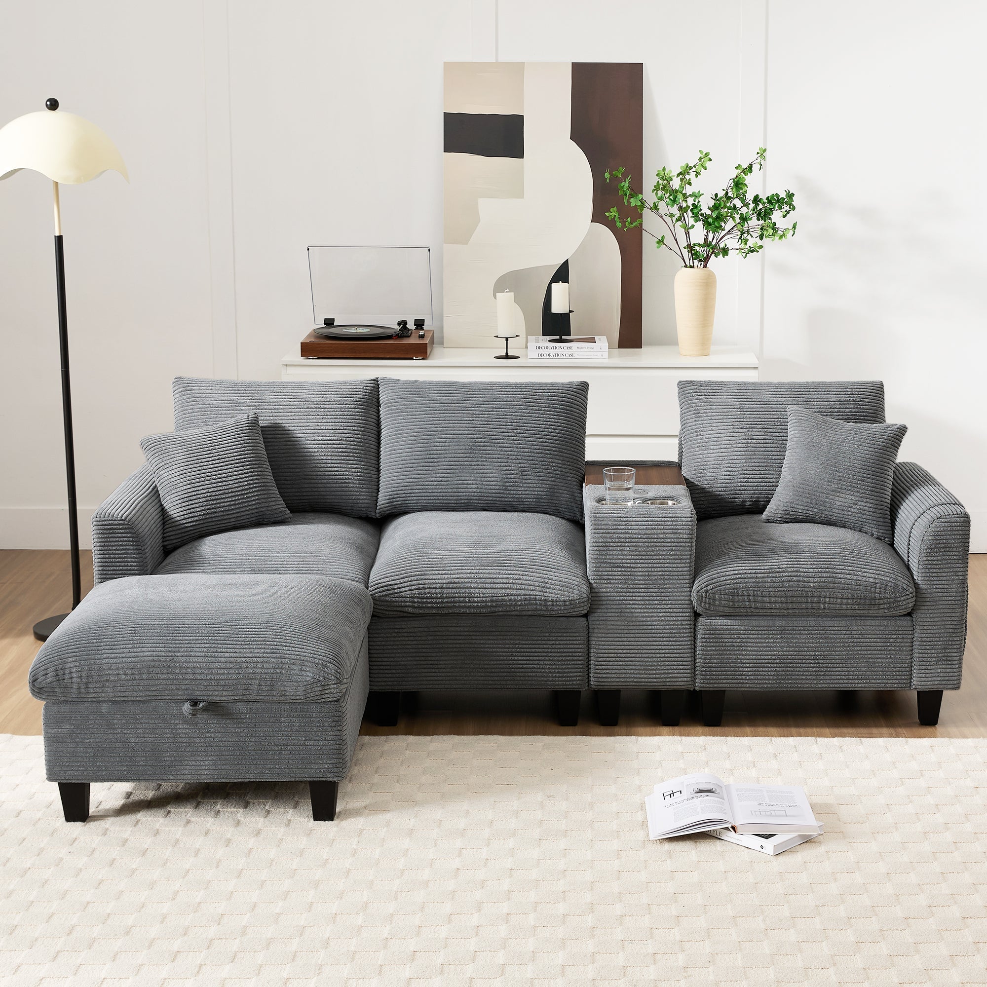 Modern L-shaped Corner Sofa Convertible Console Cup Holders USB Corduroy Fabric - Image 2