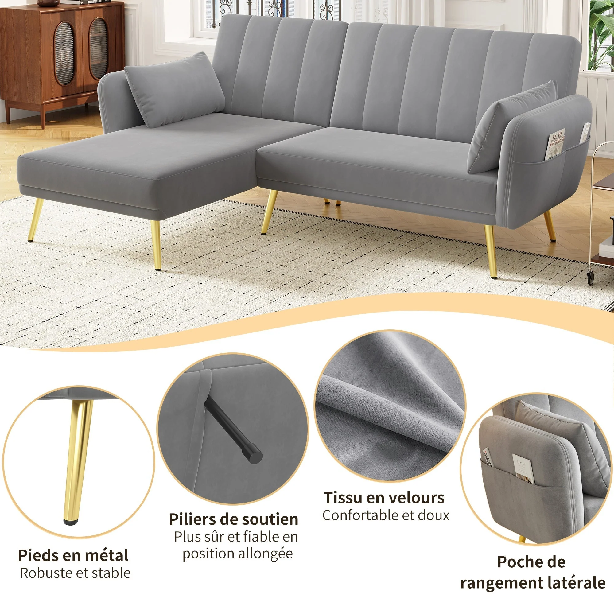 Modern L-Shaped Fold-Out Sleeper Sofa with 3-Position Adjustable Backrest, Velvet - Image 10