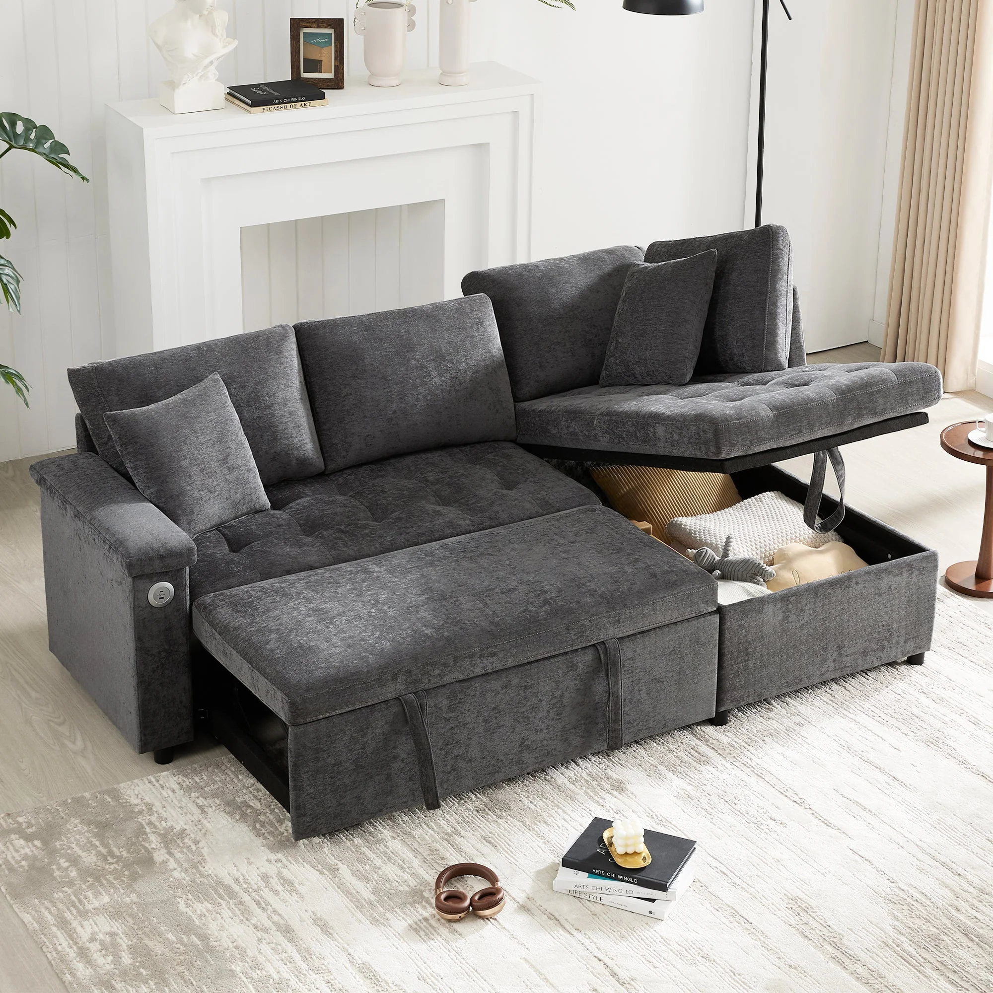 Modern L-shaped Sofa Bed, Pull-out Storage USB Charger Armrest Shelf, Grey - Image 4