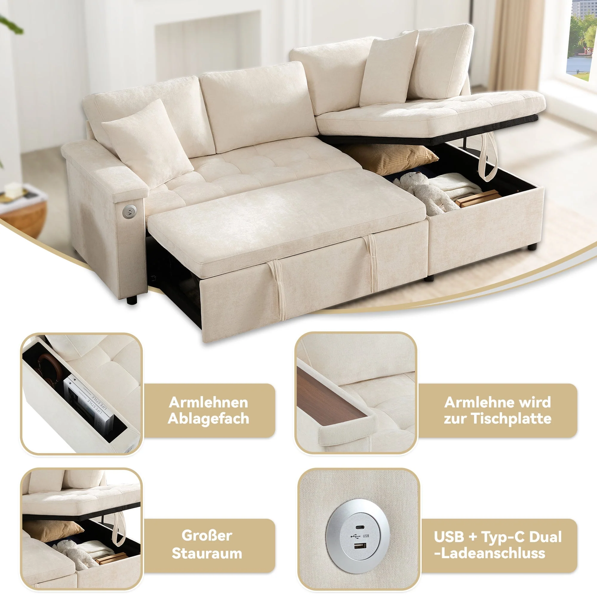 Modern L-shaped Sofa Bed with Storage, USB Charger, and Cushions, Beige - Image 6