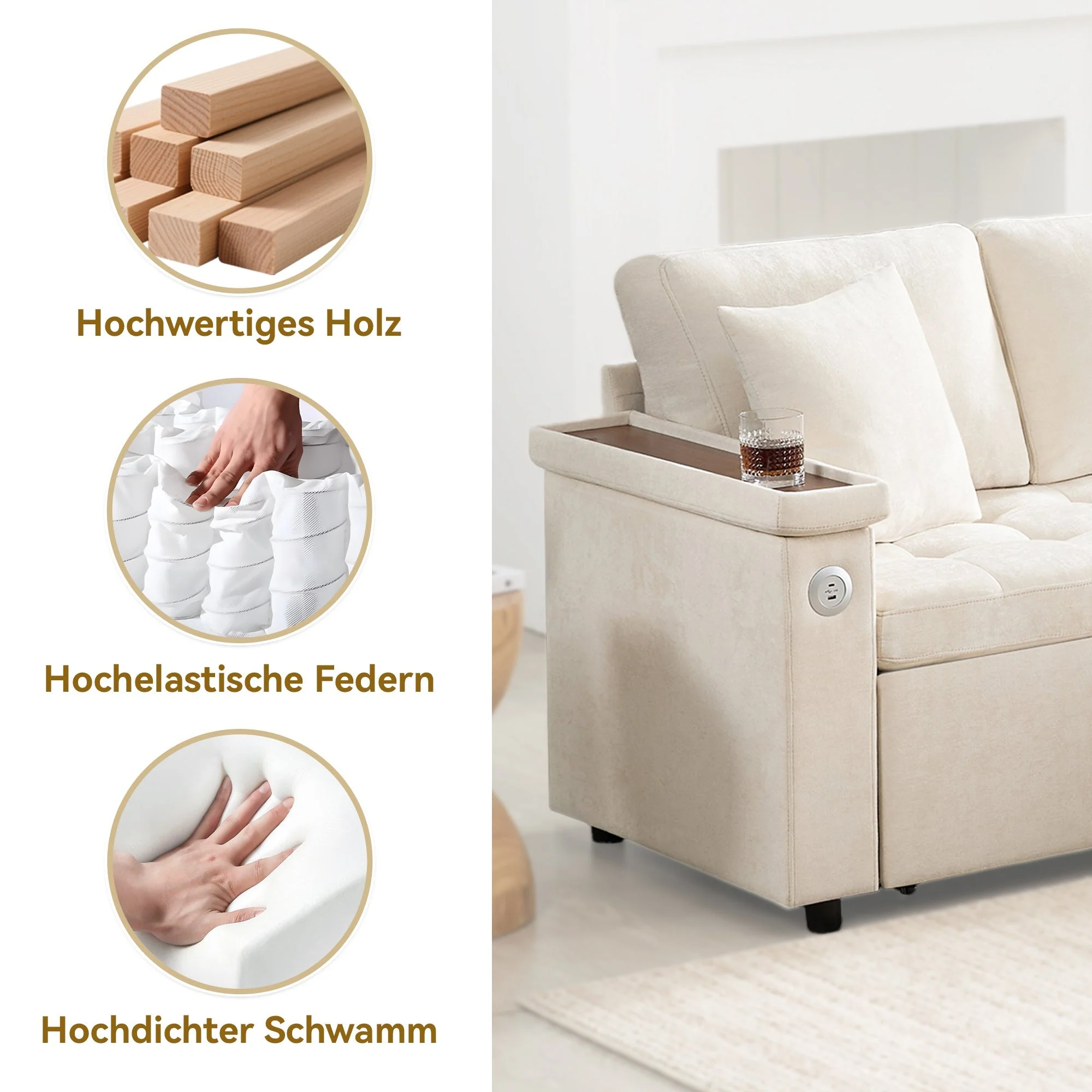 Modern L-shaped Sofa Bed with Storage, USB Charger, and Cushions, Beige - Image 8
