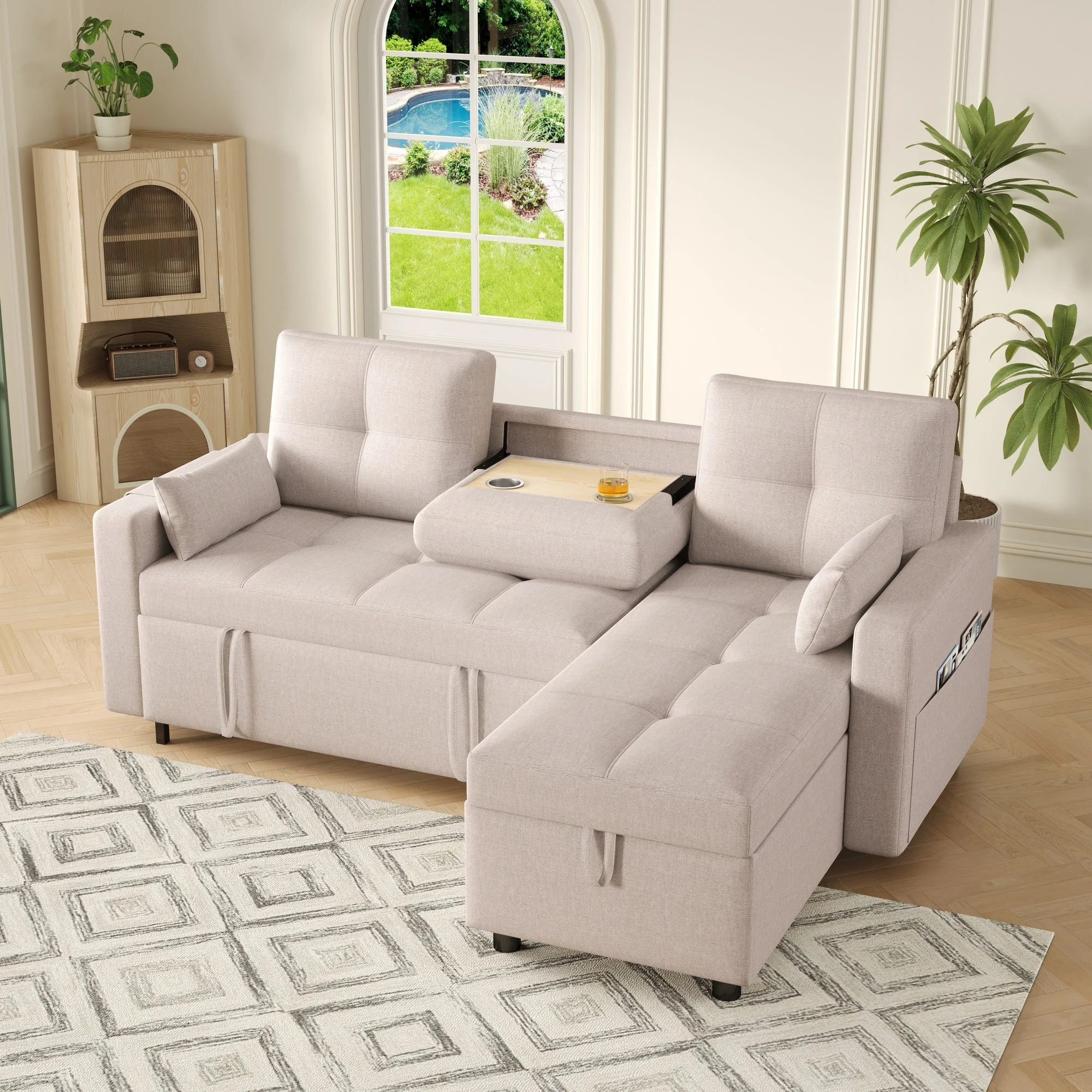 Modern L-shaped Sofa Modular Sofa Bed Pull-out with Storage & Cup Holder, Living Room - Image 3