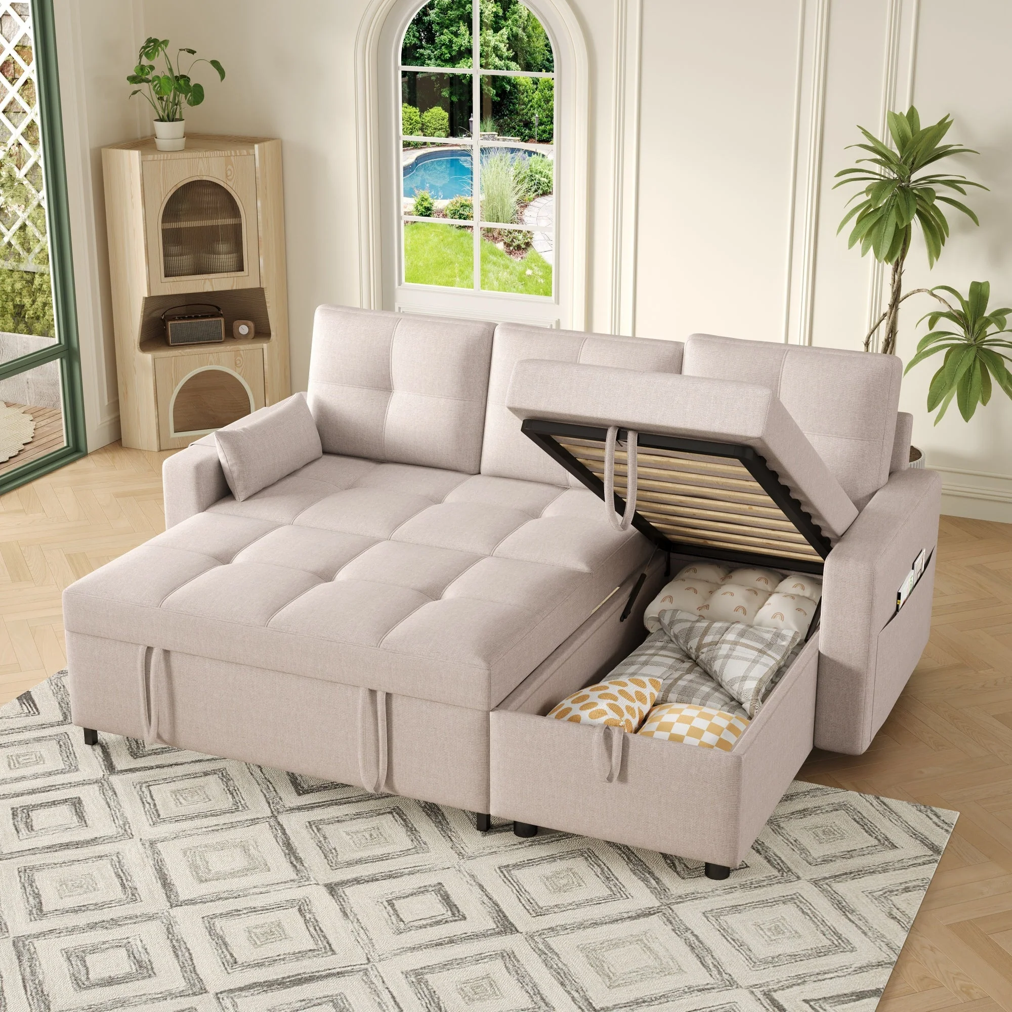 Modern L-shaped Sofa Modular Sofa Bed Pull-out with Storage & Cup Holder, Living Room - Image 4