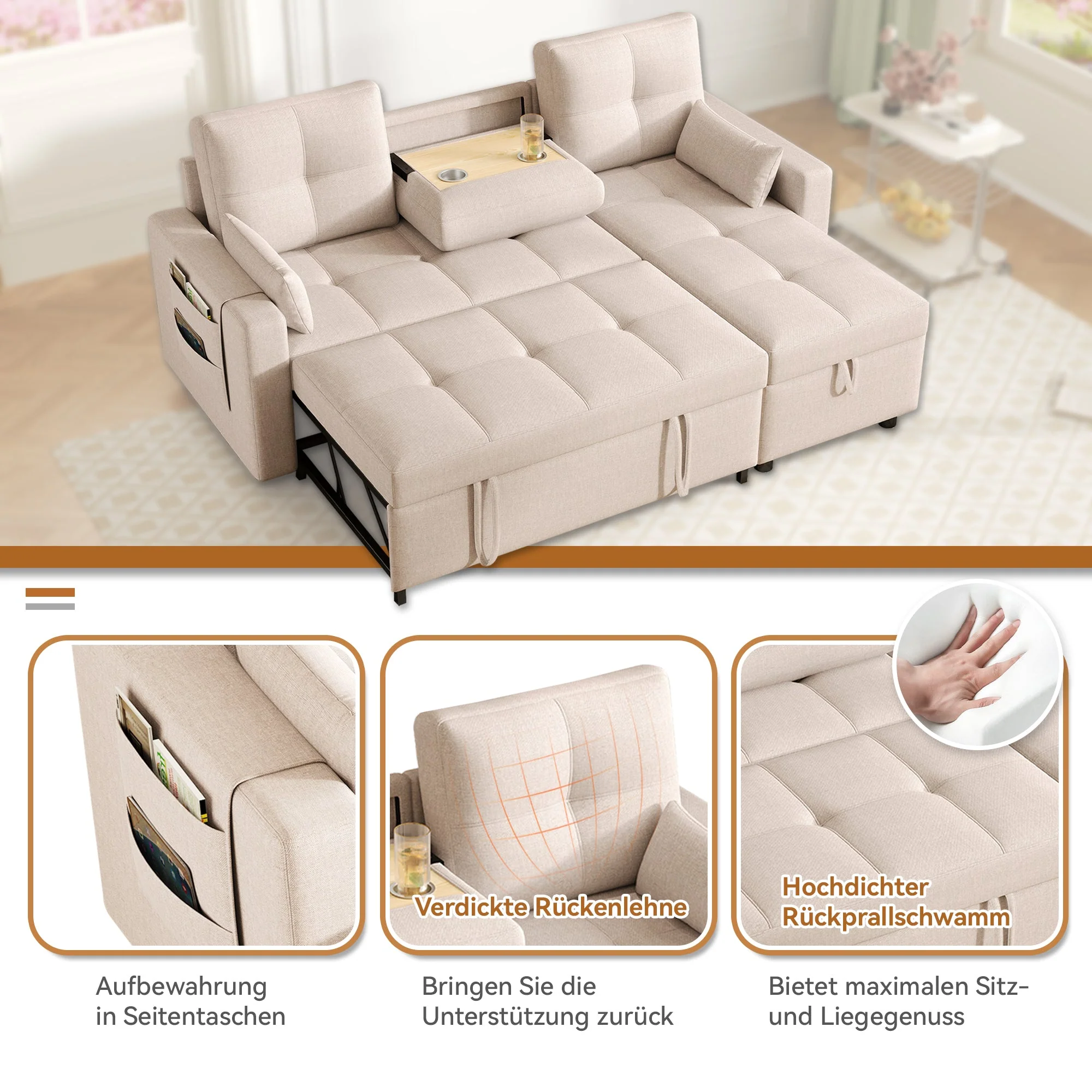 Modern L-shaped Sofa Modular Sofa Bed Pull-out with Storage & Cup Holder, Living Room - Image 7