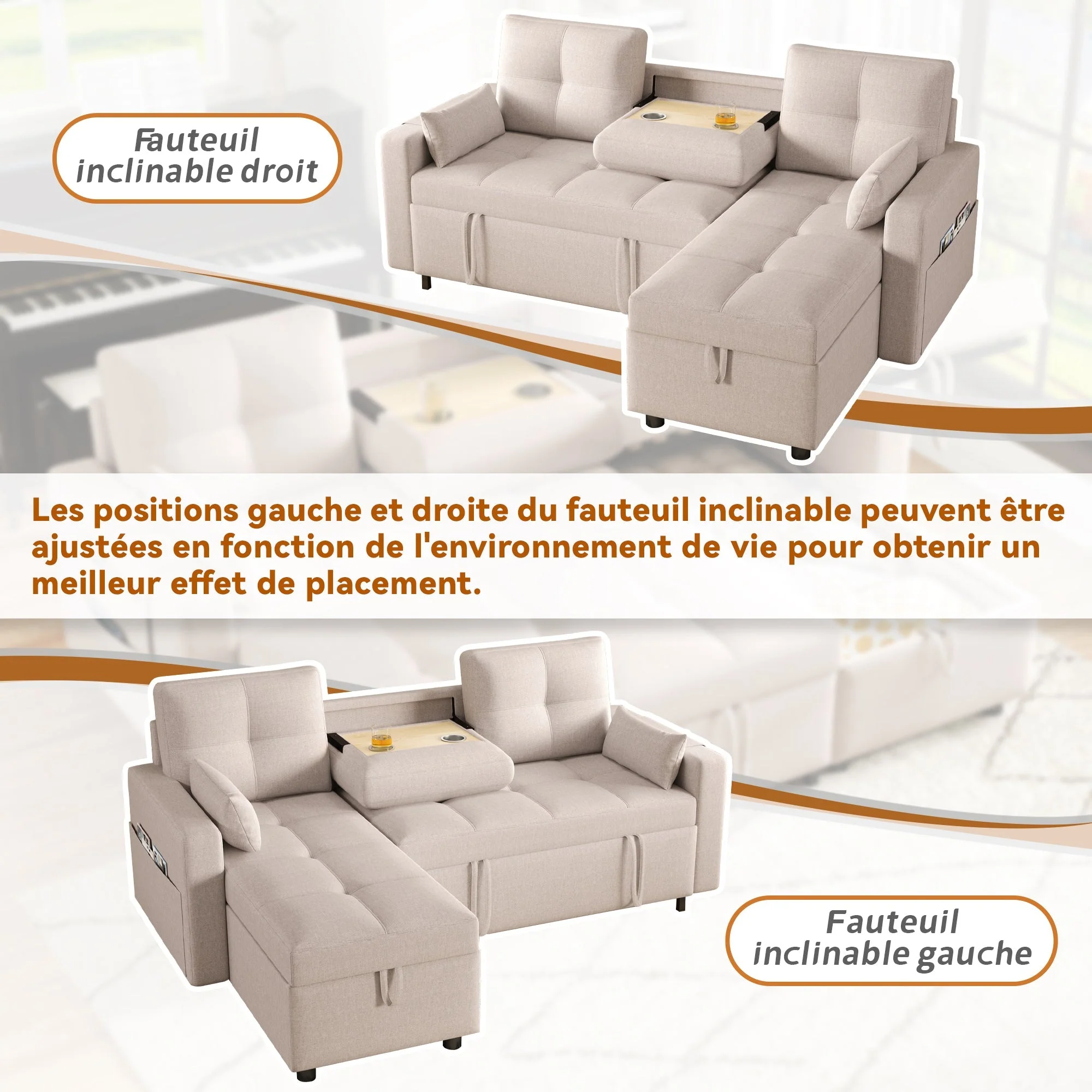 Modern L-shaped Sofa Modular Sofa Bed Pull-out with Storage & Cup Holder, Living Room - Image 8