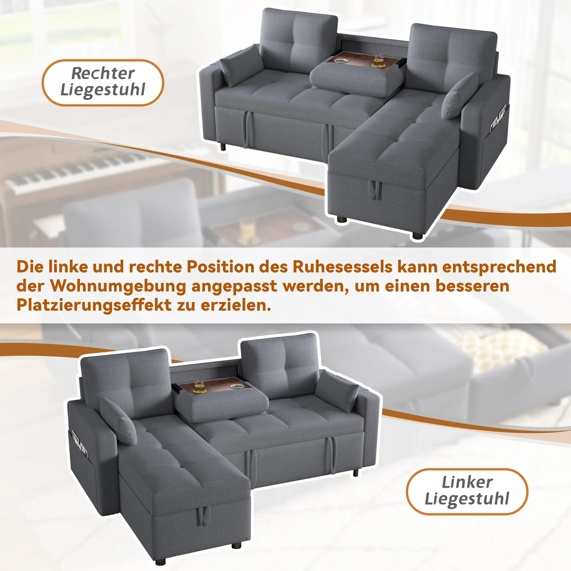 Modern L-Sofa Modular Pull-out Sofa Bed Sleeping Function Storage Cup Holder - Image 5