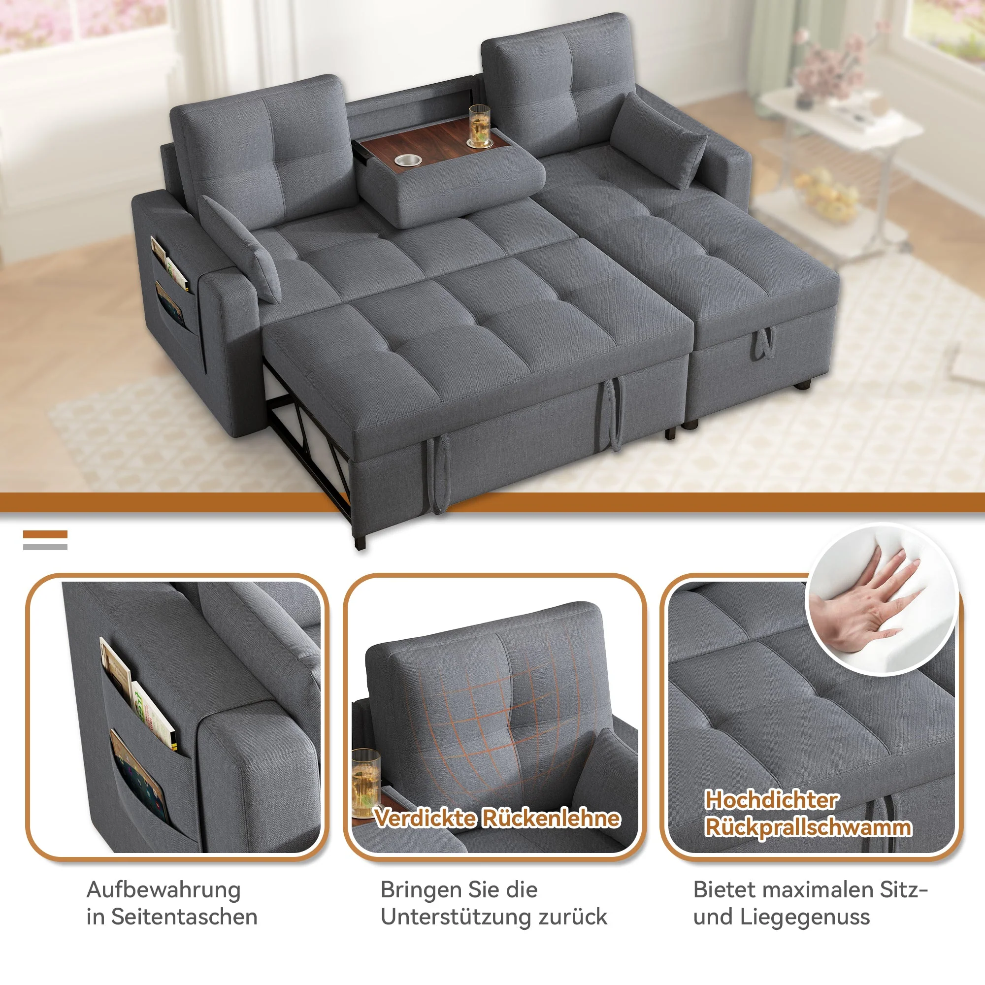 Modern L-Sofa Modular Pull-out Sofa Bed Sleeping Function Storage Cup Holder - Image 6