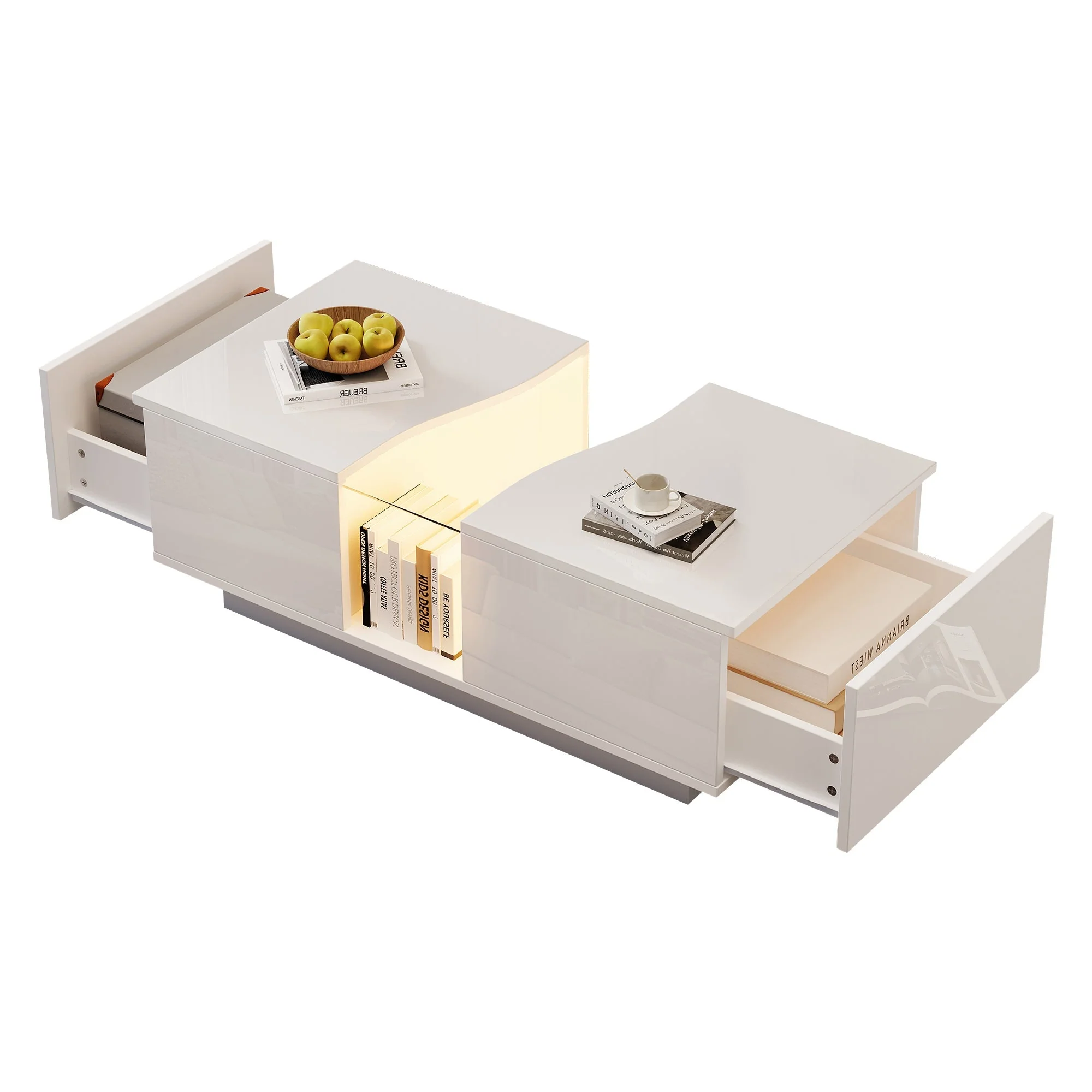 Modern LED Coffee Table, 2 Drawers 100x50x35cm, White High-Gloss MDF - Image 6