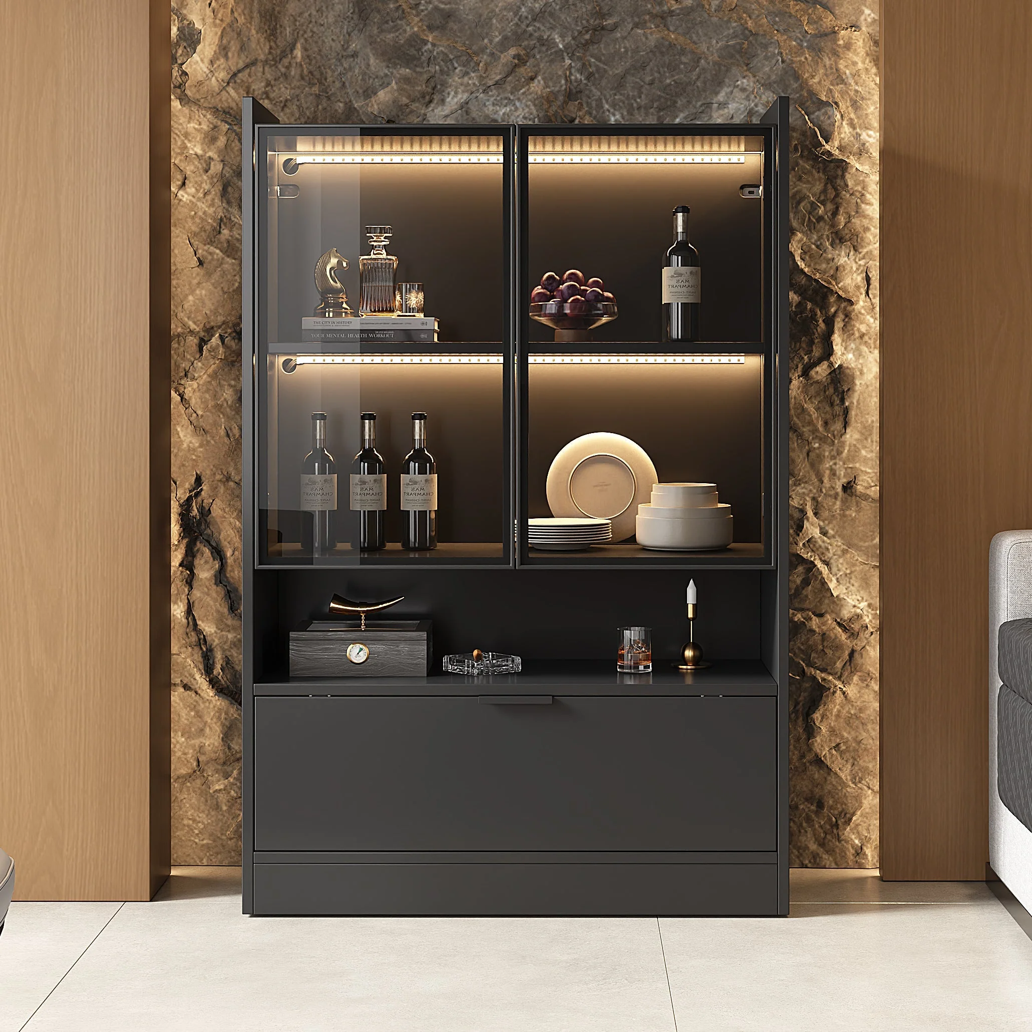 Modern LED Display Cabinet 120cm High 16-Color Lighting Glass Doors, Matte Black Chipboard - Image 2