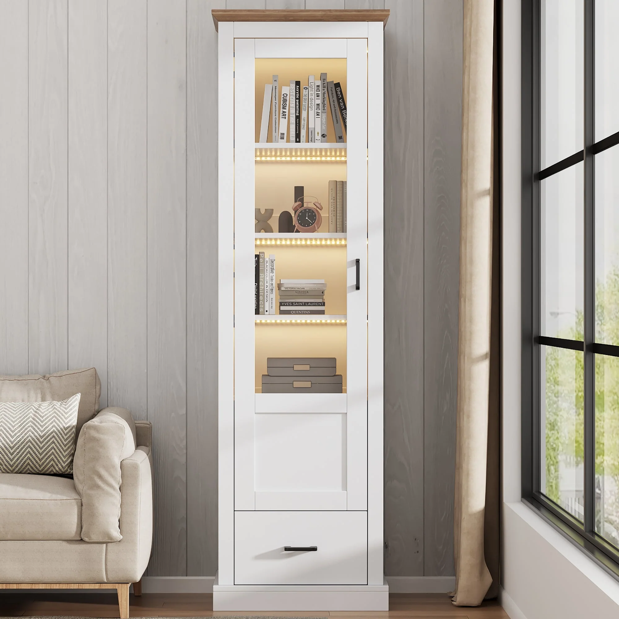 Modern LED Display Cabinet 178cm, USB/Remote, Freestanding, 5 Compartments, Matte White - Image 2
