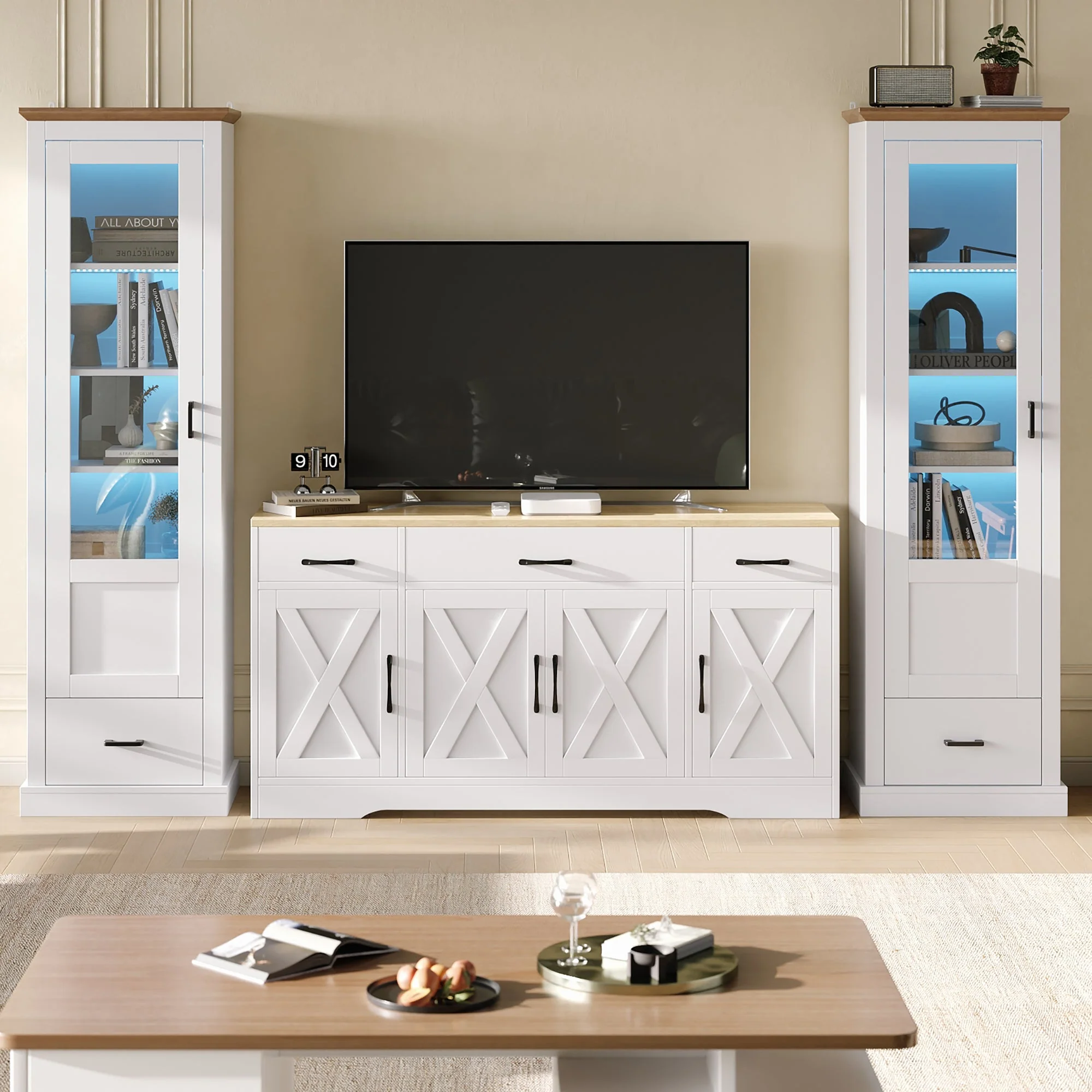 Modern LED Display Cabinet 178cm, USB/Remote, Freestanding, 5 Compartments, Matte White - Image 6