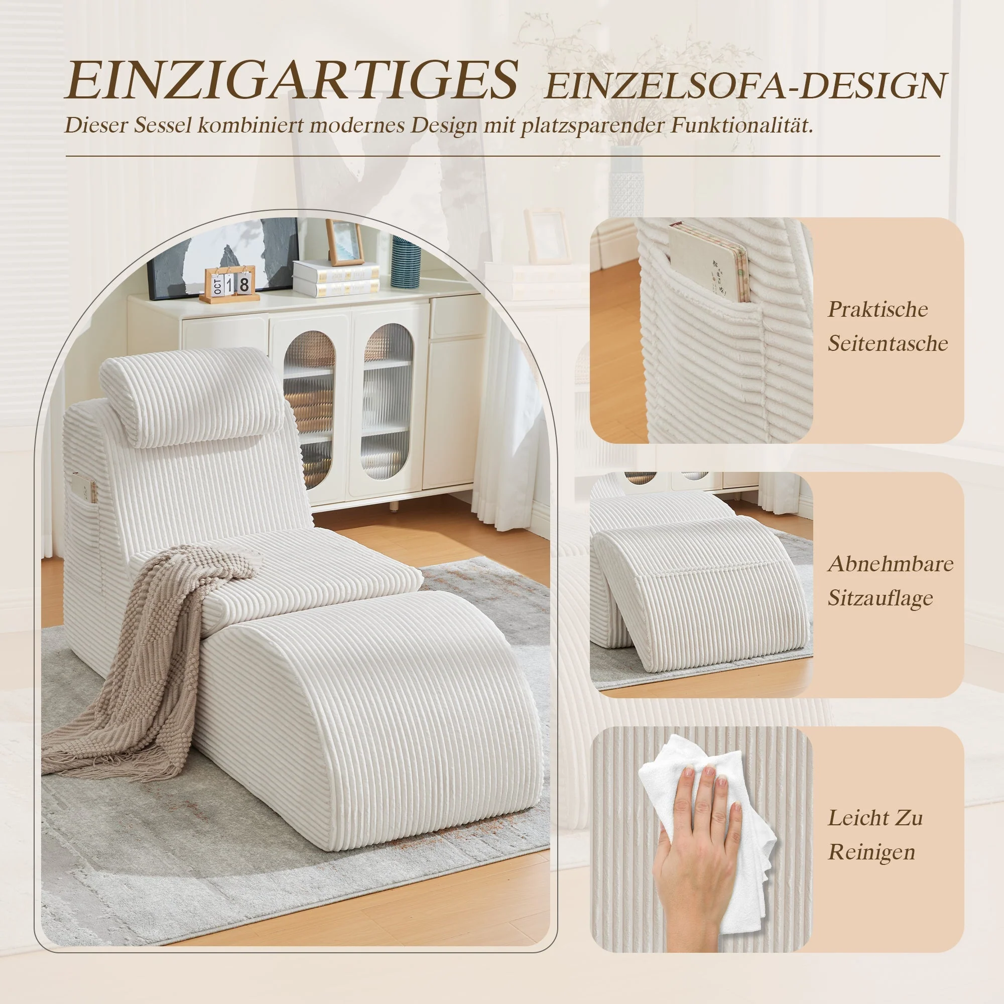 Modern Leisure Chair with Ergonomic Compression Foam and Side Pocket, Beige - Image 6
