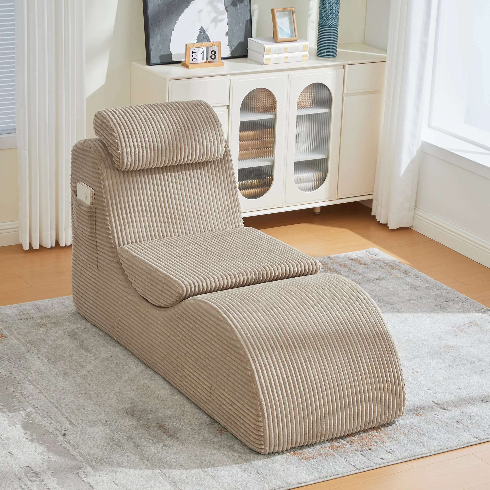 Modern Leisure Chair with Ergonomic Design and Side Pocket, Khaki Corduroy - Image 10