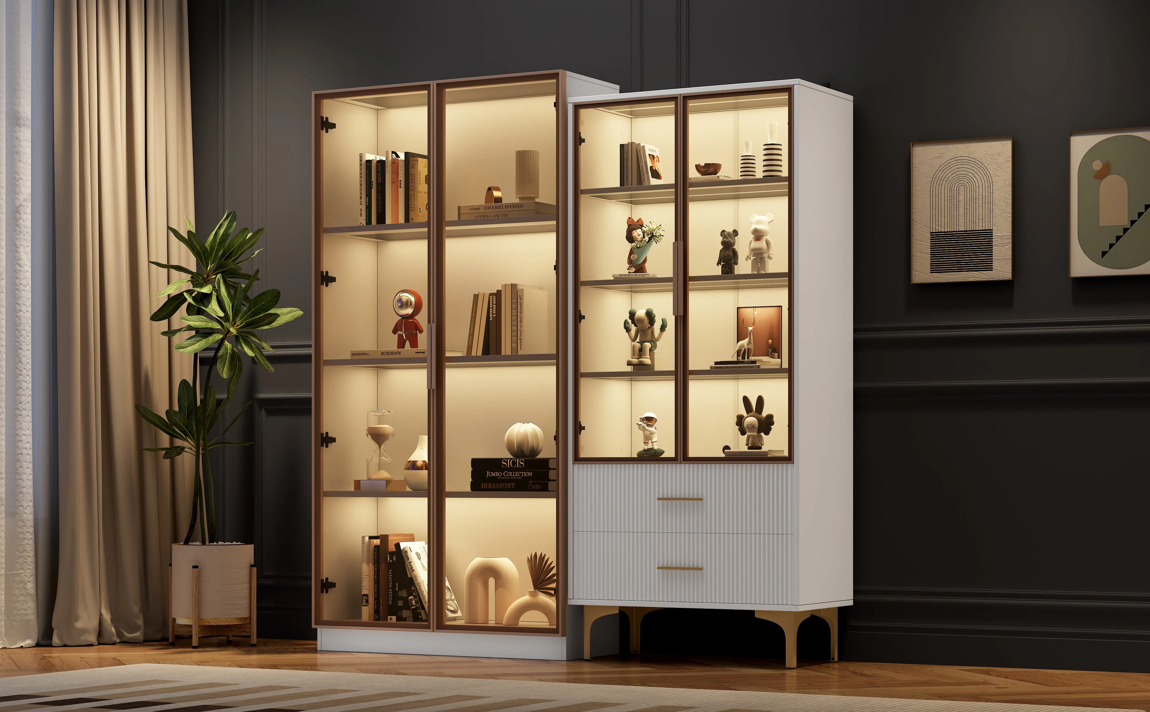 Modern Living Room Set: Two Glass Display Cabinets with LED Lighting, Adjustable Shelves, White Platinum Finish - Image 2