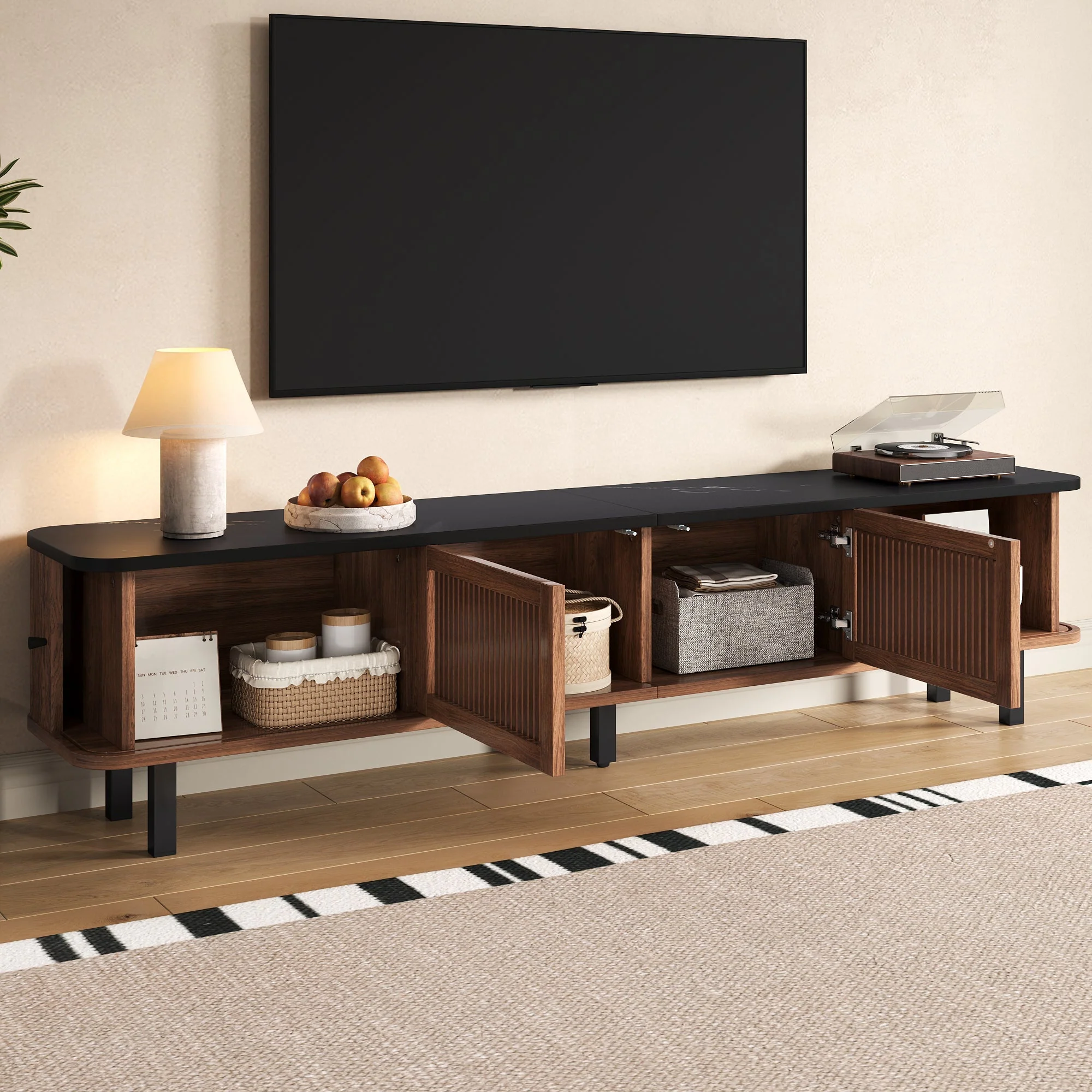 Modern Low TV Cabinet 190cm with Sliding & Mesh Doors - Image 10