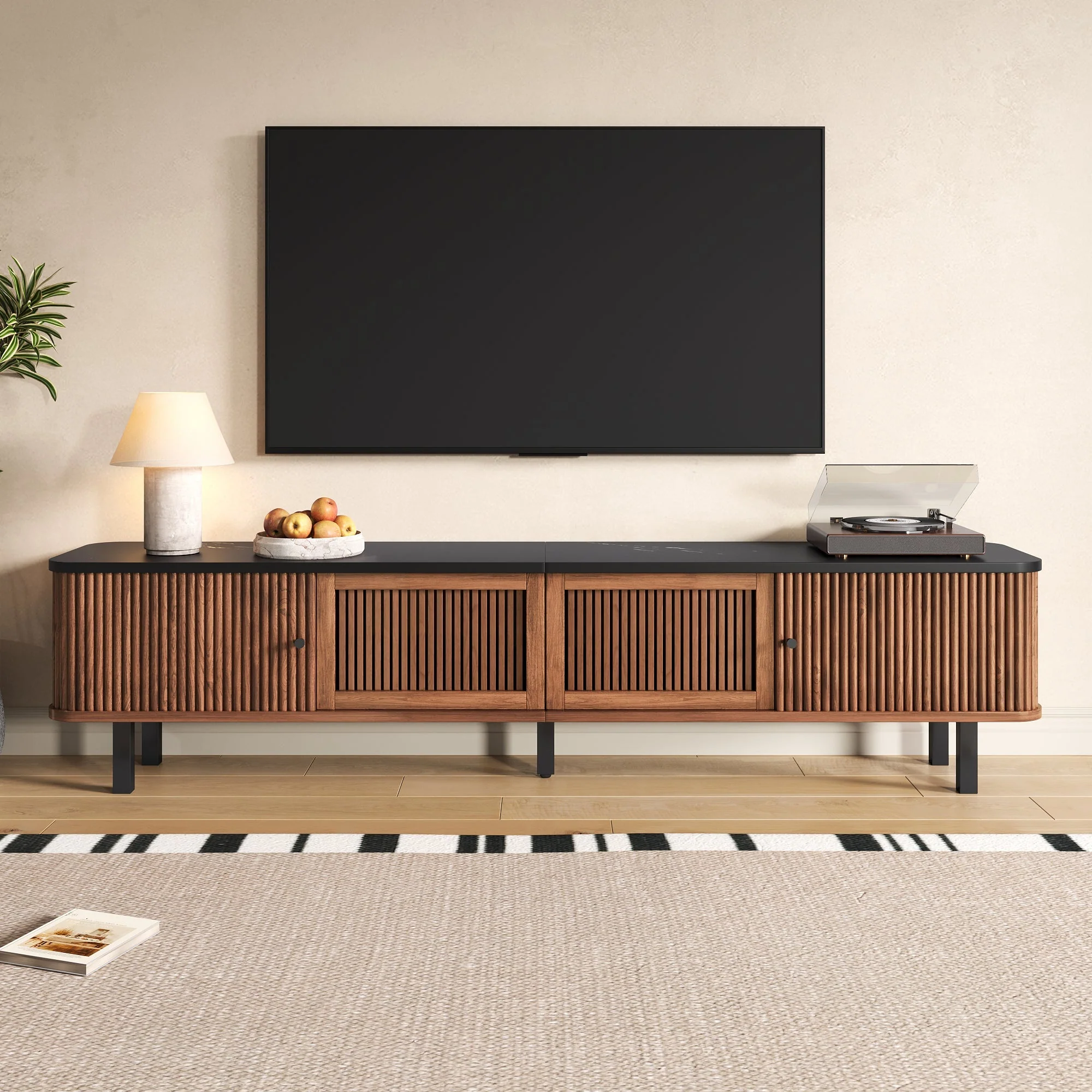 Modern Low TV Cabinet 190cm with Sliding & Mesh Doors - Image 8