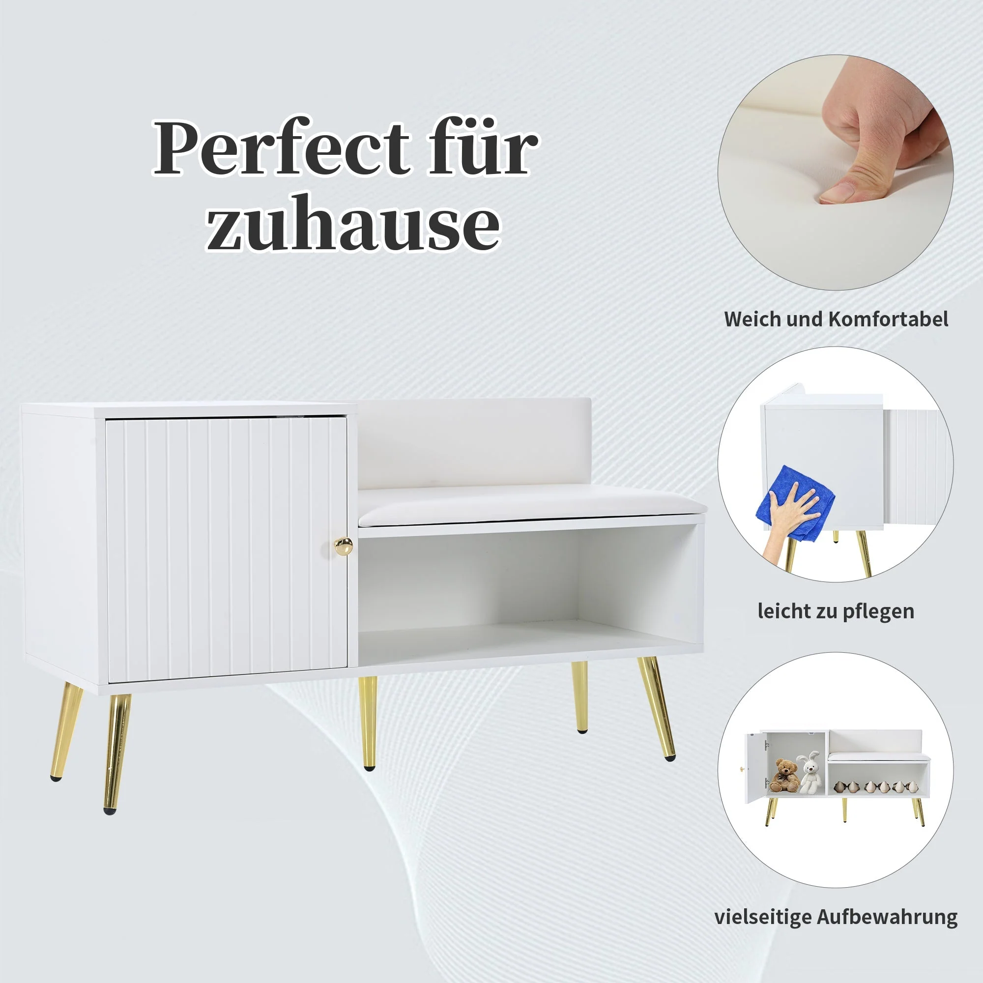 modern luxurious shoe chest with storage, upholstered bench, backrest, metal handles and legs, white - Image 10