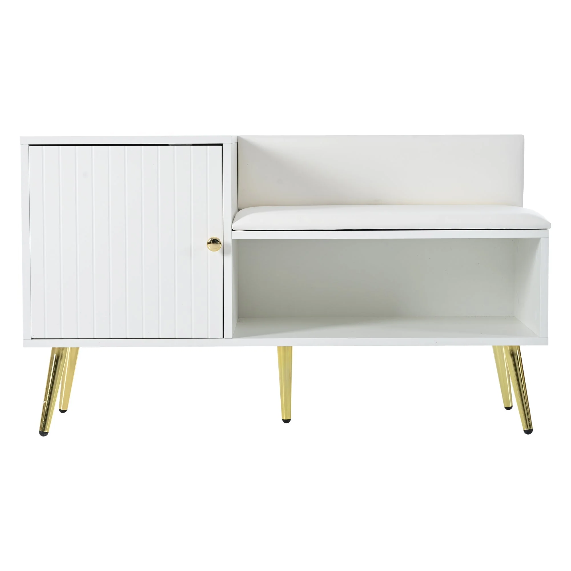 modern luxurious shoe chest with storage, upholstered bench, backrest, metal handles and legs, white - Image 11