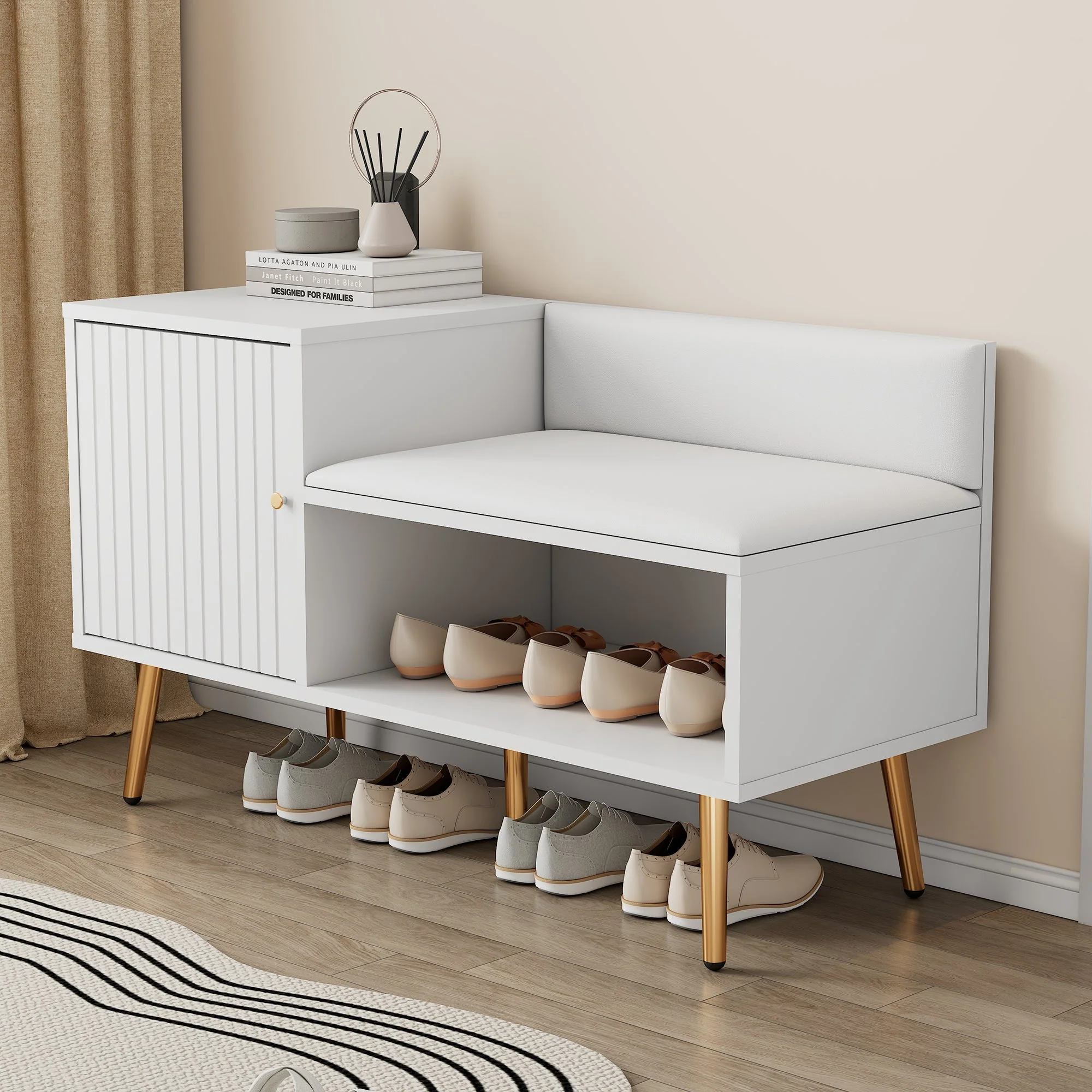 modern luxurious shoe chest with storage, upholstered bench, backrest, metal handles and legs, white - Image 6