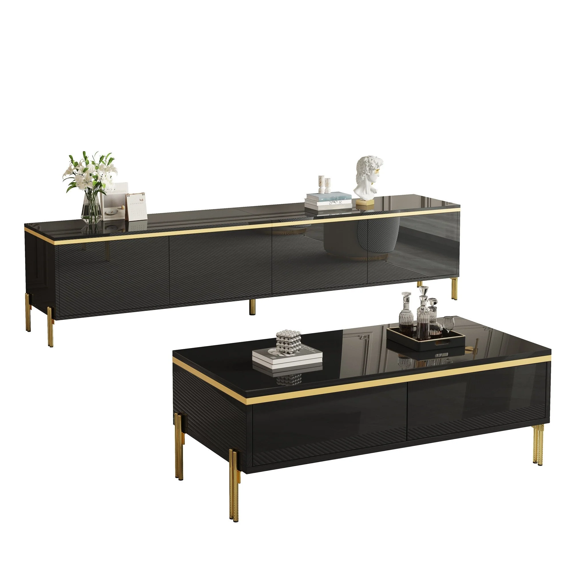 Modern Luxury TV Cabinet & Coffee Table Set - High-Gloss Gold Edges Storage - Image 2