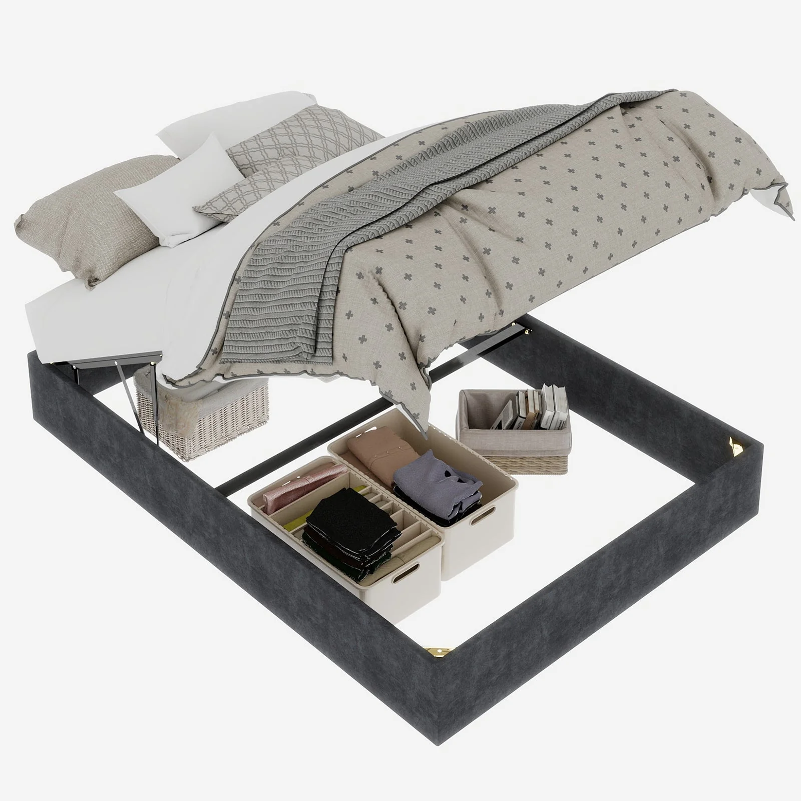 Modern Minimalist Bed Frame, 140*200CM Gas Lift Rods, Gray Dutch Velvet - Image 5