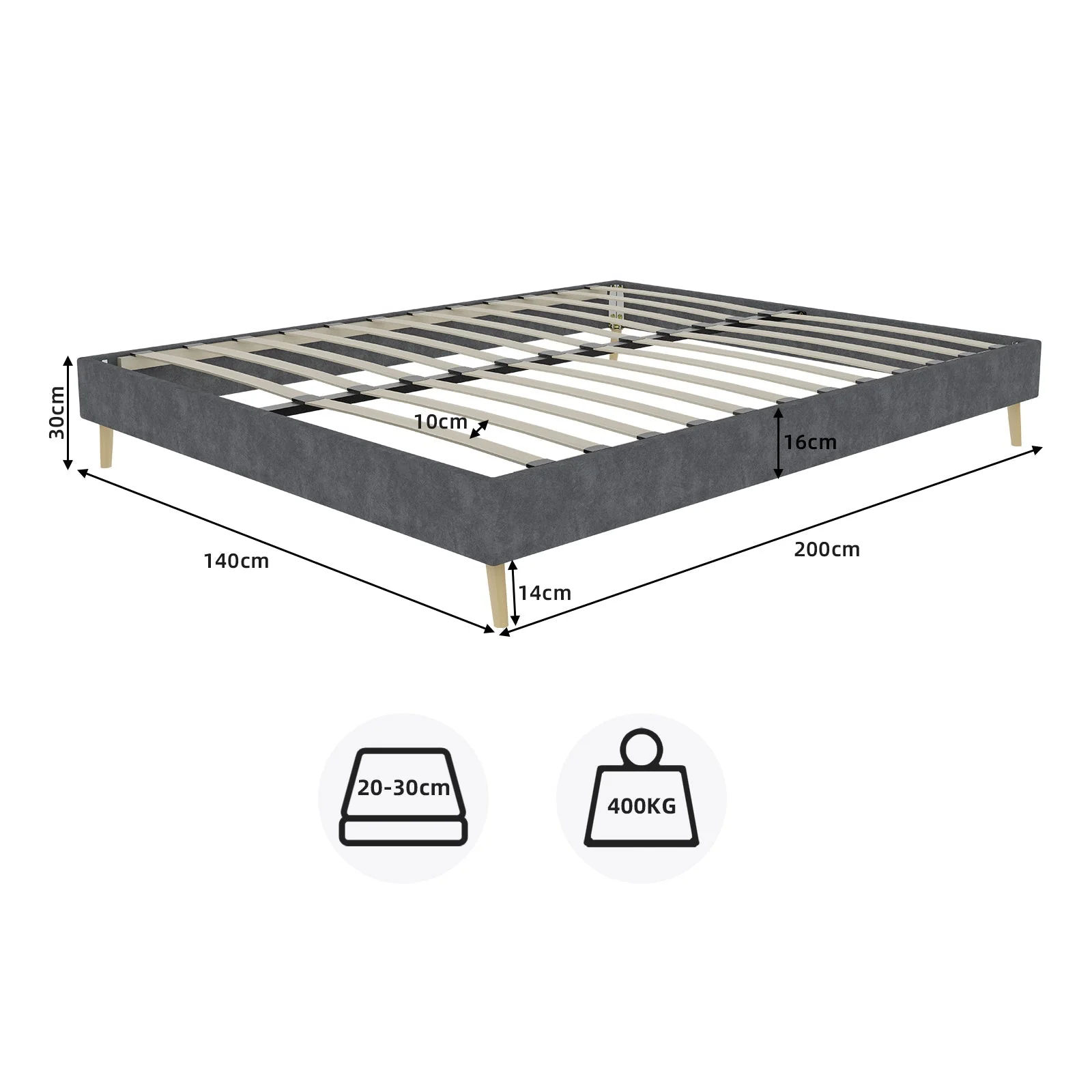 Modern Minimalist Bed Frame, 140x200 cm Low-Profile Base, Dutch Velvet Grey - Image 8