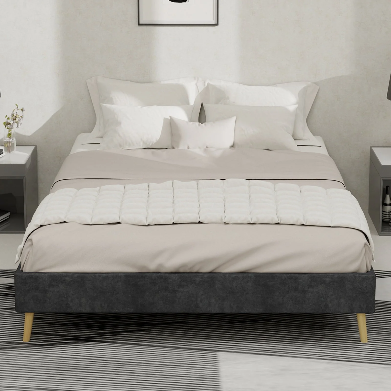 Modern Minimalist Bed Frame, 140x200 cm Low-Profile Base, Grey Dutch Velvet Fabric - Image 2