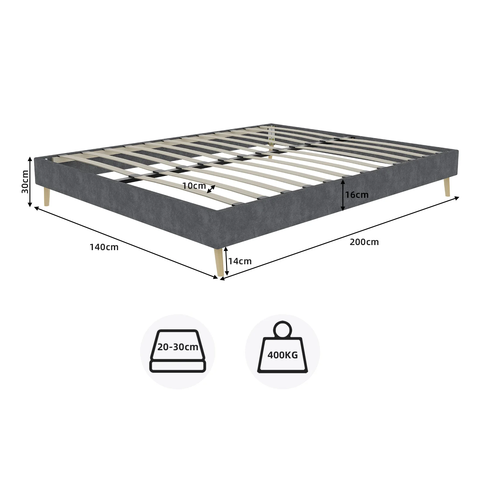 Modern Minimalist Bed Frame, 140x200 cm Low-Profile Base, Grey Dutch Velvet Fabric - Image 5