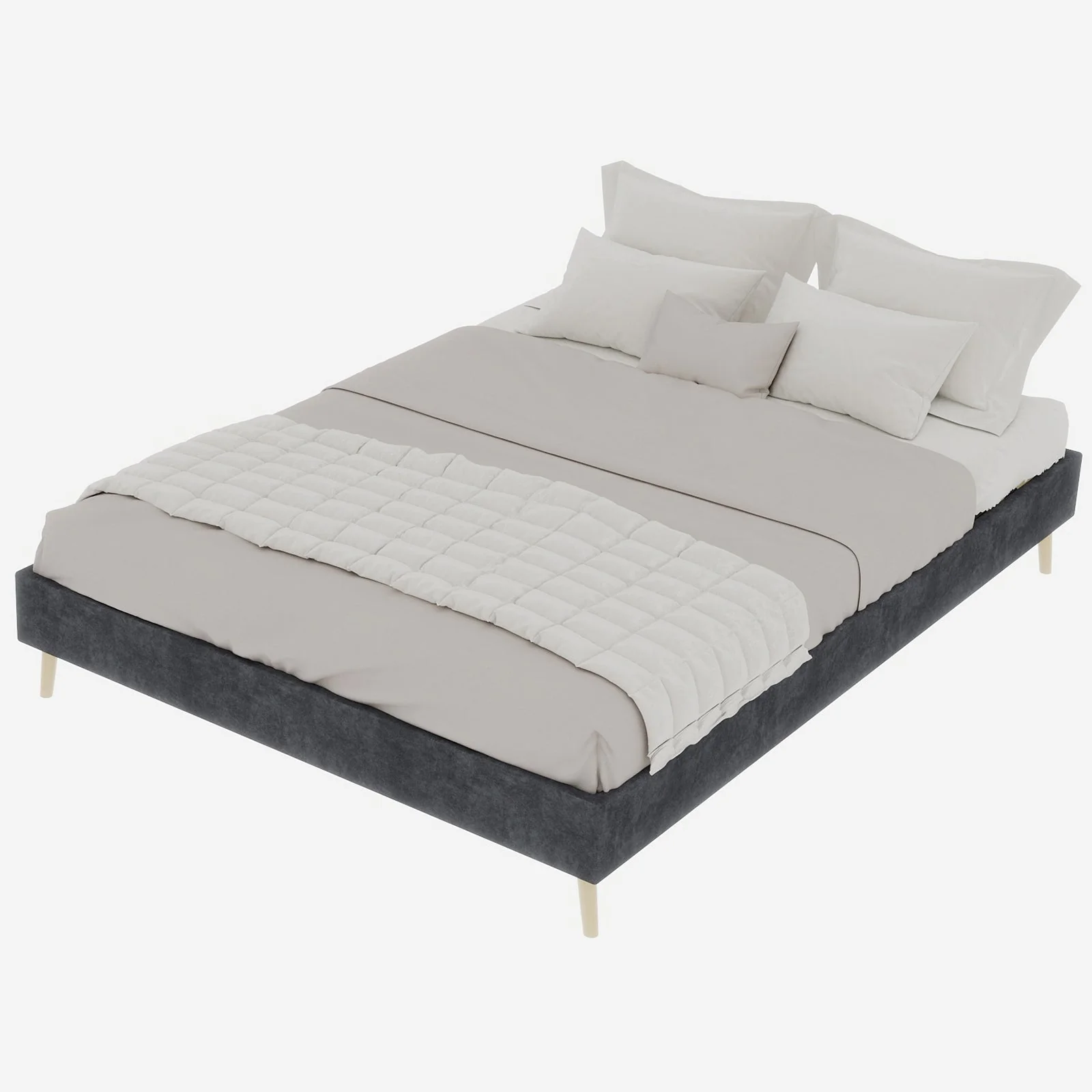 Modern Minimalist Bed Frame, 140x200 cm Low-Profile, Grey Dutch Velvet - Image 3