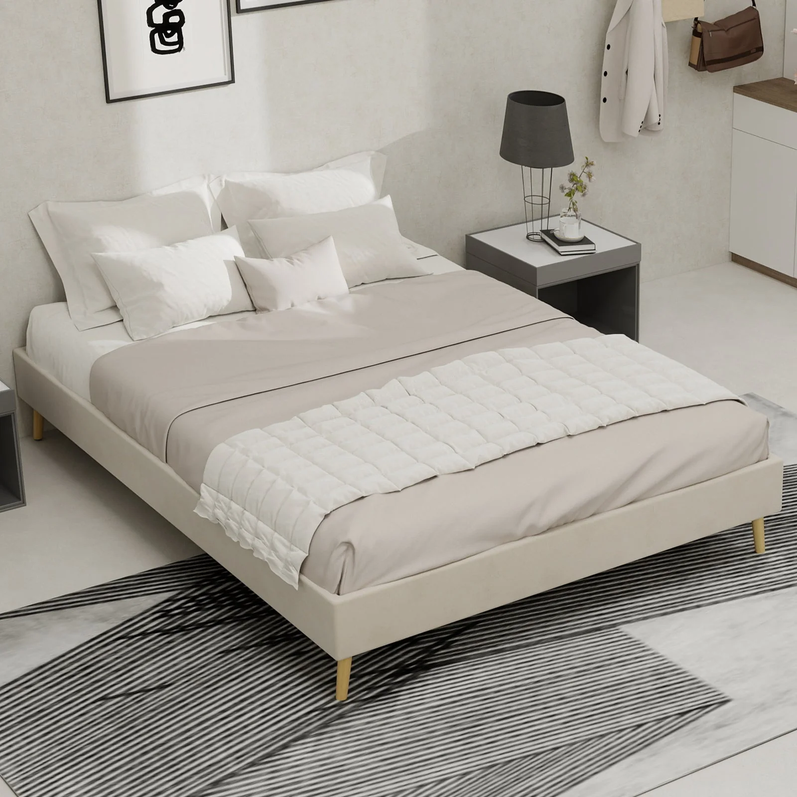 Modern Minimalist Bed Frame, 140x200 Low-Profile Base, Beige Dutch Velvet Fabric - Image 6