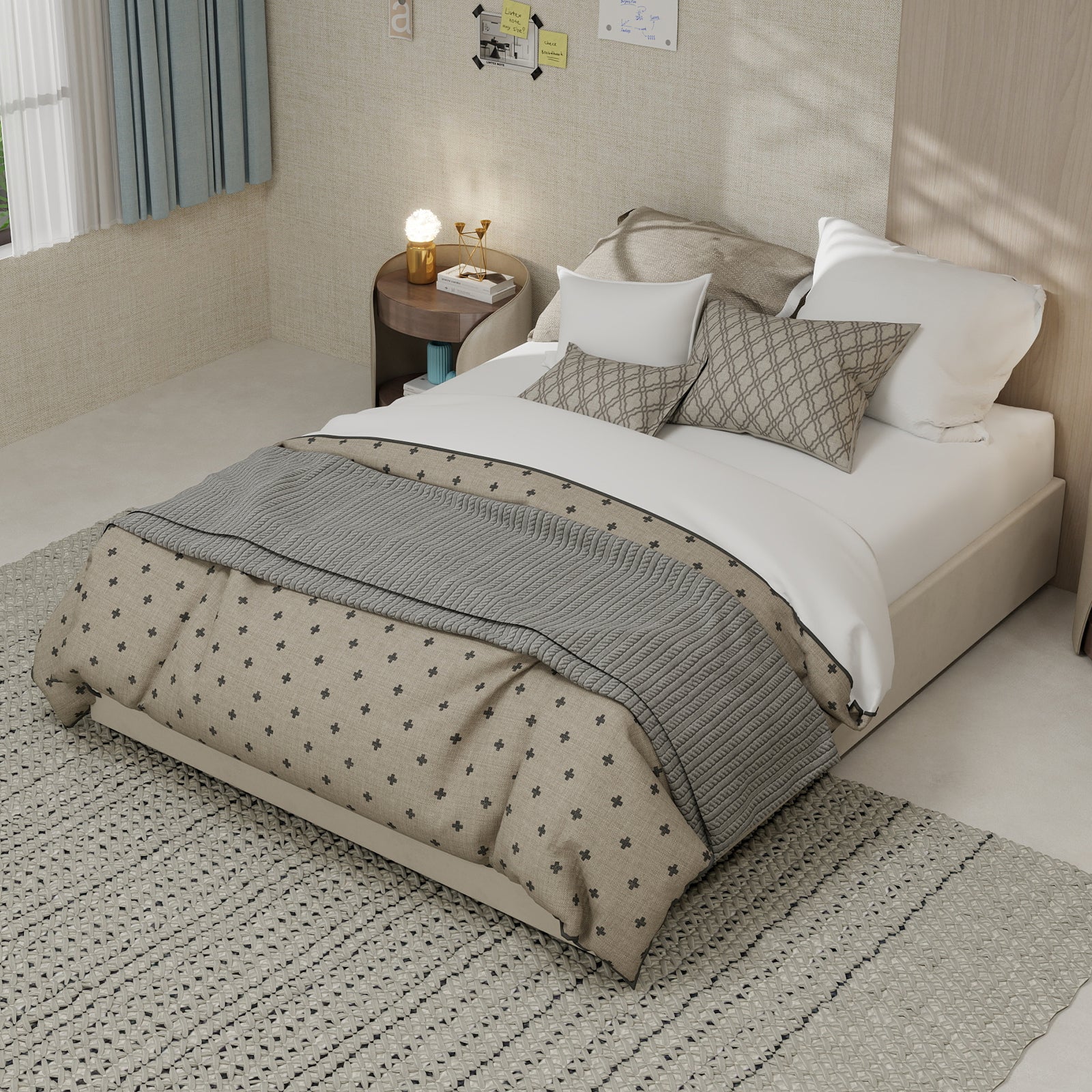 Modern Minimalist Bed Frame, 140x200cm Gas Lift Rods, Beige Dutch Velvet