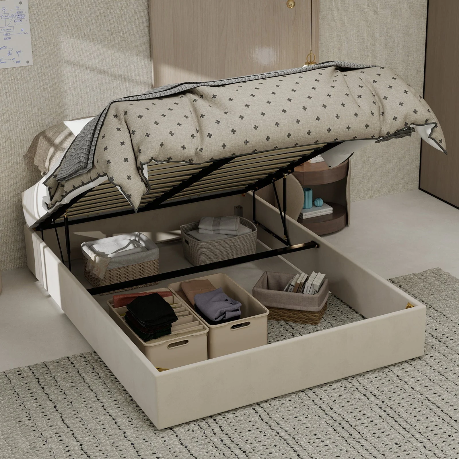 Modern Minimalist Bed Frame, 140x200cm Gas Lift Storage, Dutch Velvet Beige - Image 8