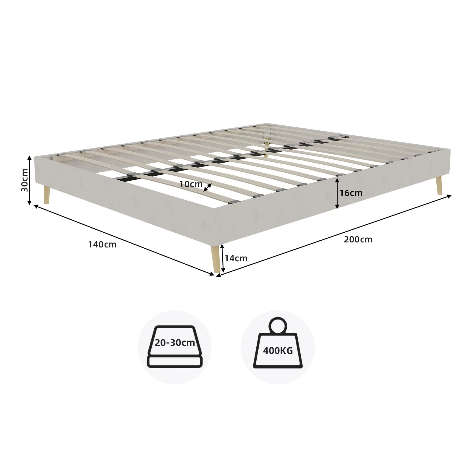 Modern Minimalist Bed Frame, 140x200CM Low Box, Dutch Velour Beige - Image 7
