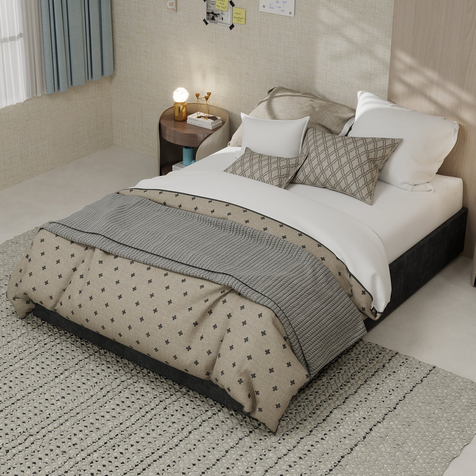 Modern Minimalist Bed Frame, 140x200cm Pneumatic Rods, Gray Dutch Velvet