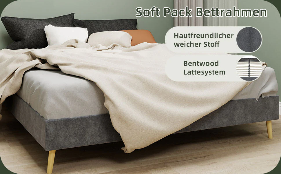 Modern Minimalist Bed Frame - 160x200 cm, Low-Profile, Grey Dutch Velvet - Image 5