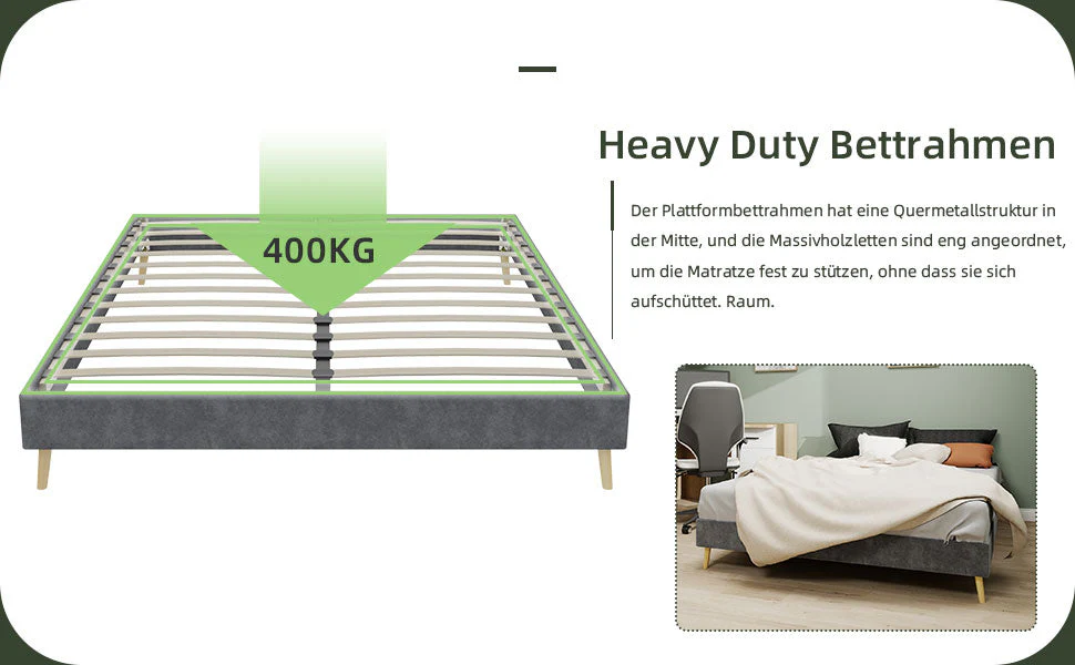 Modern Minimalist Bed Frame - 160x200 cm, Low-Profile, Grey Dutch Velvet - Image 6