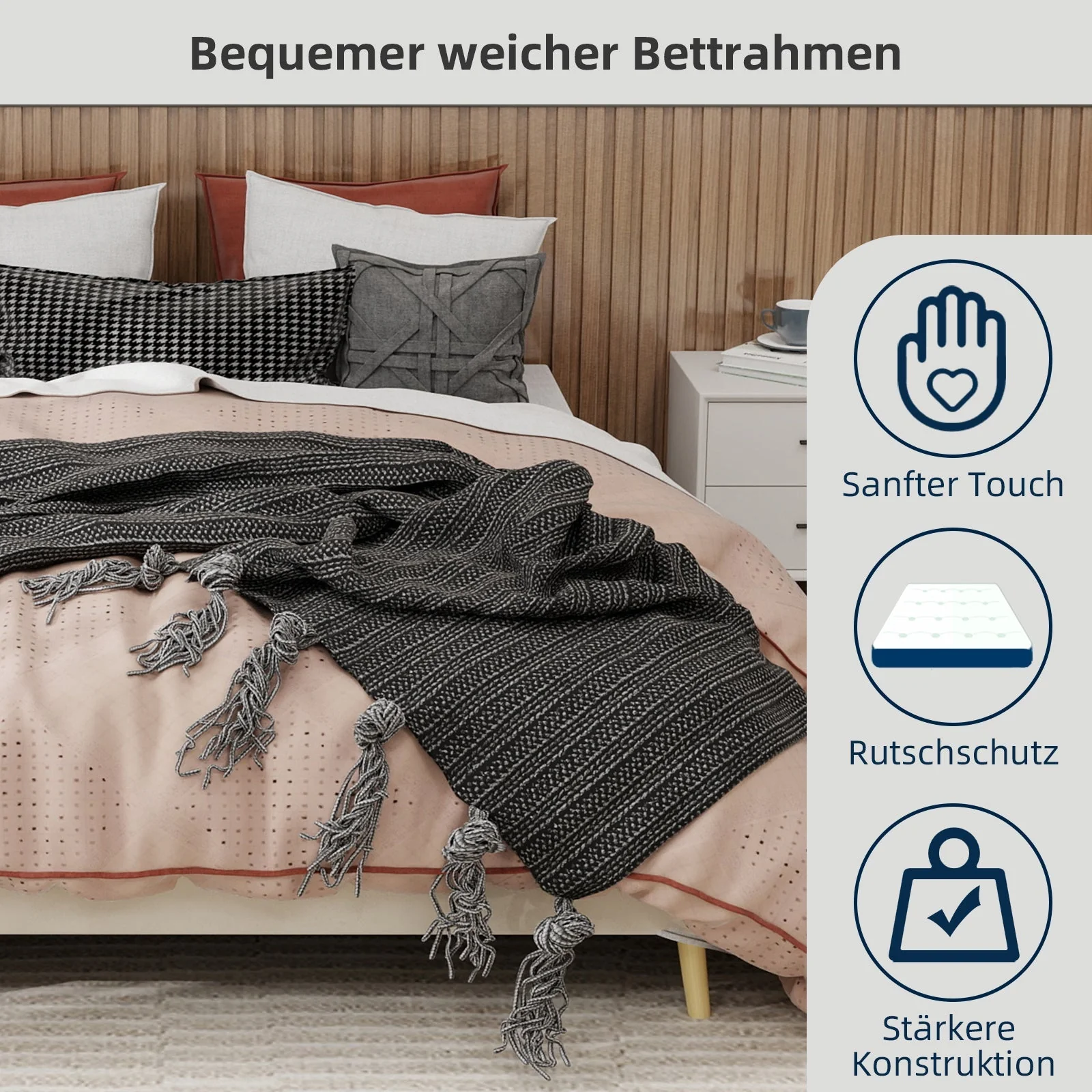 Modern Minimalist Bed Frame 160x200 Low-Profile - Dutch Velvet Beige - Image 8