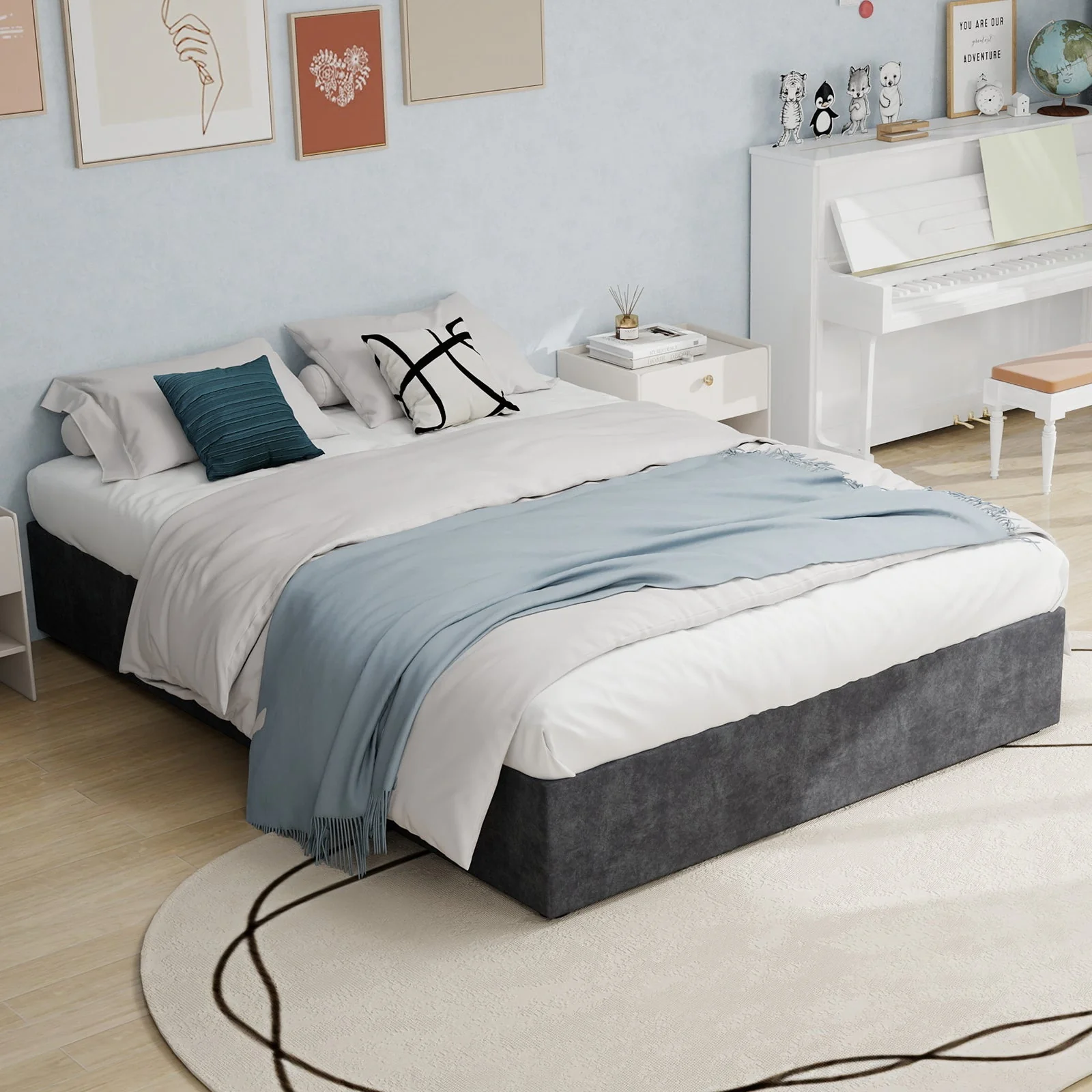 Modern Minimalist Bed Frame, 160x200cm Gas Lift Rods, Dutch Velvet Gray