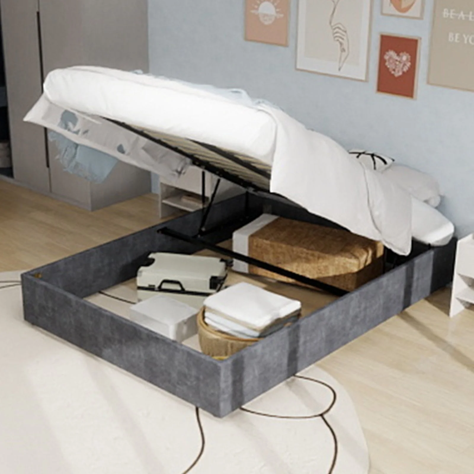 Modern Minimalist Bed Frame, 160x200cm Gas Lift Rods, Dutch Velvet Gray - Image 2