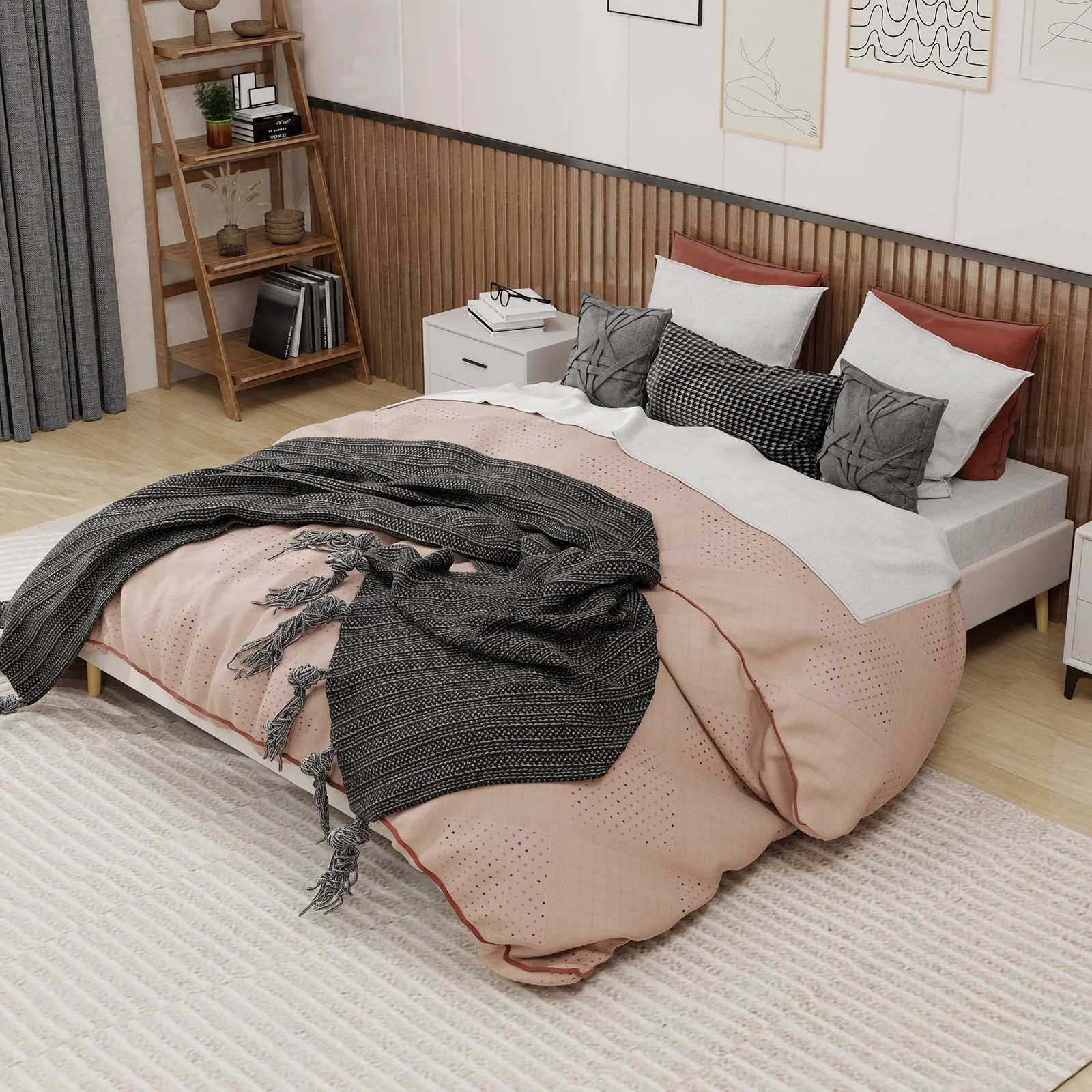 Modern Minimalist Bed Frame 160x200cm Low-Profile Base, Beige Dutch Velvet