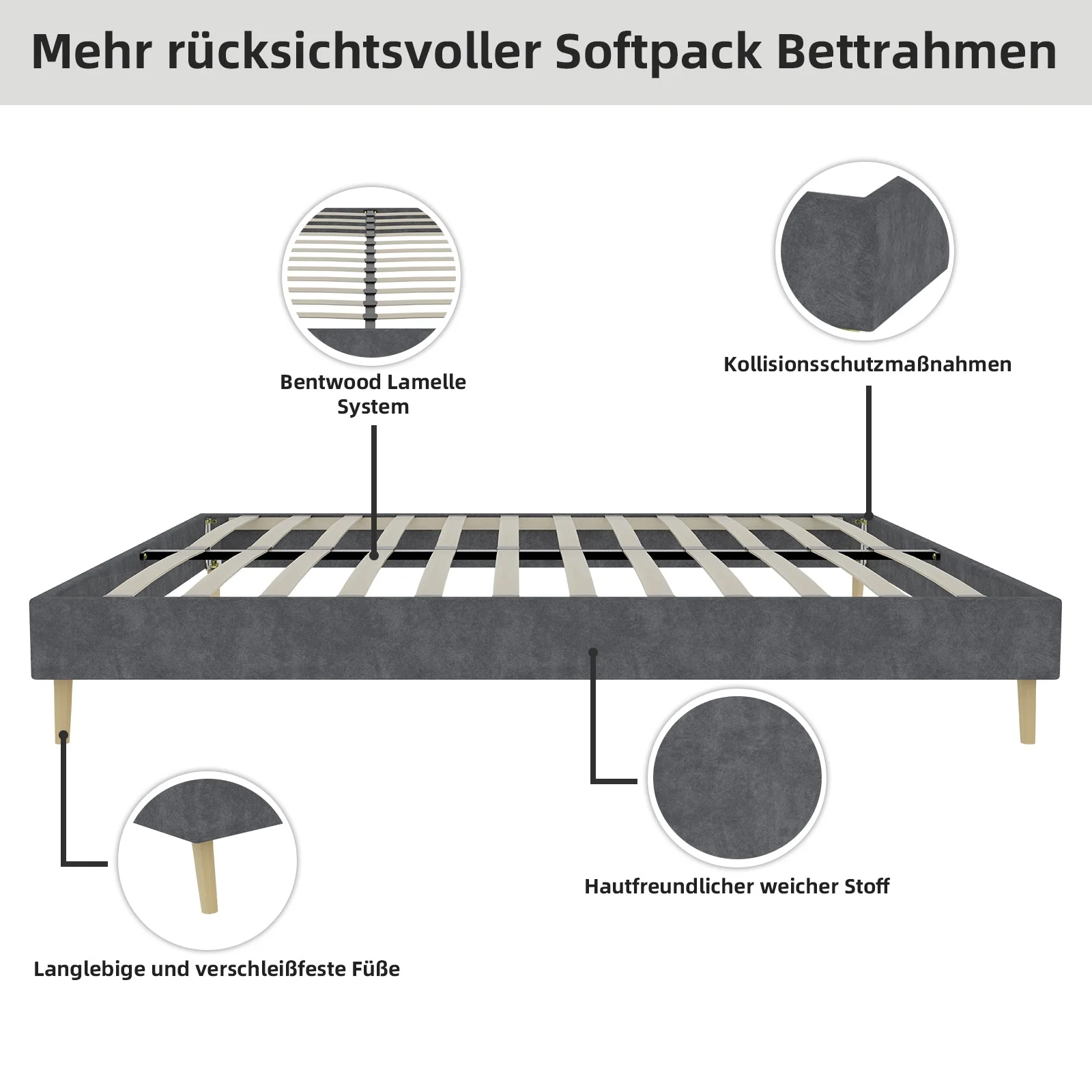 Modern Minimalist Bed Frame 160x200cm Low-Profile Dutch Velvet Grey - Image 8