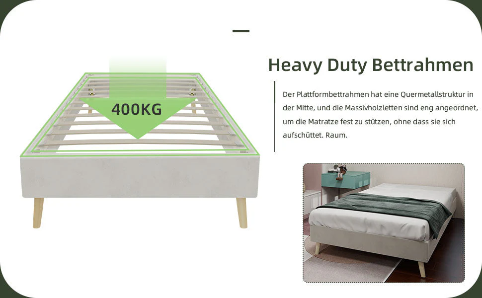 Modern Minimalist Bed Frame, 90x200 cm Low-Profile Base, Beige Dutch Velvet - Image 2