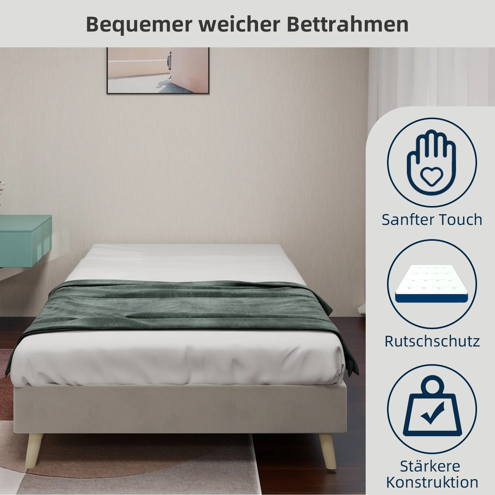 Modern Minimalist Bed Frame, 90x200 cm, Low-Profile, Dutch Velvet Beige - Image 4