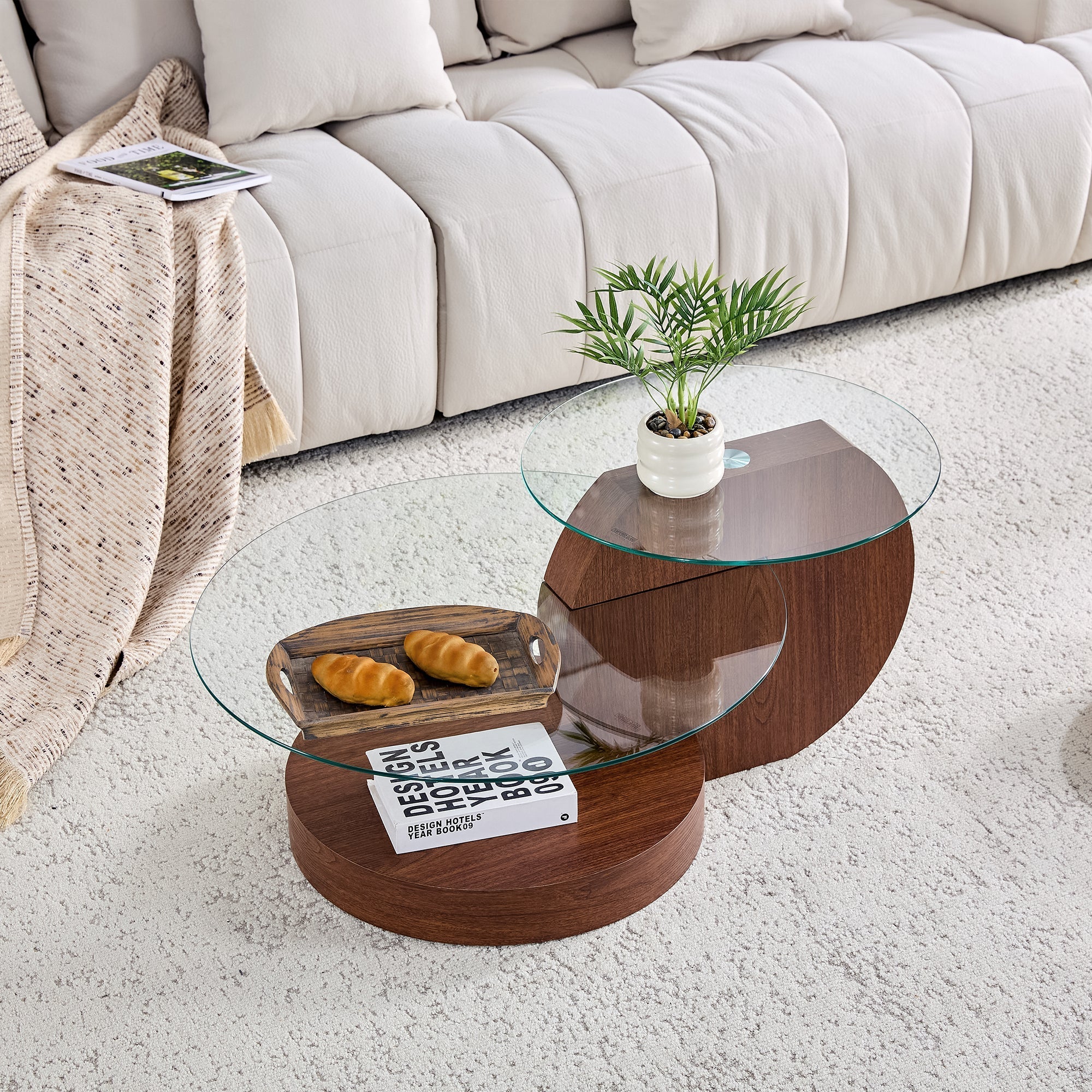 Modern Minimalist Coffee Table with Double-Layered Safety Glass and Multi-Tiered Design, Walnut Wood Grain Finish - Image 2