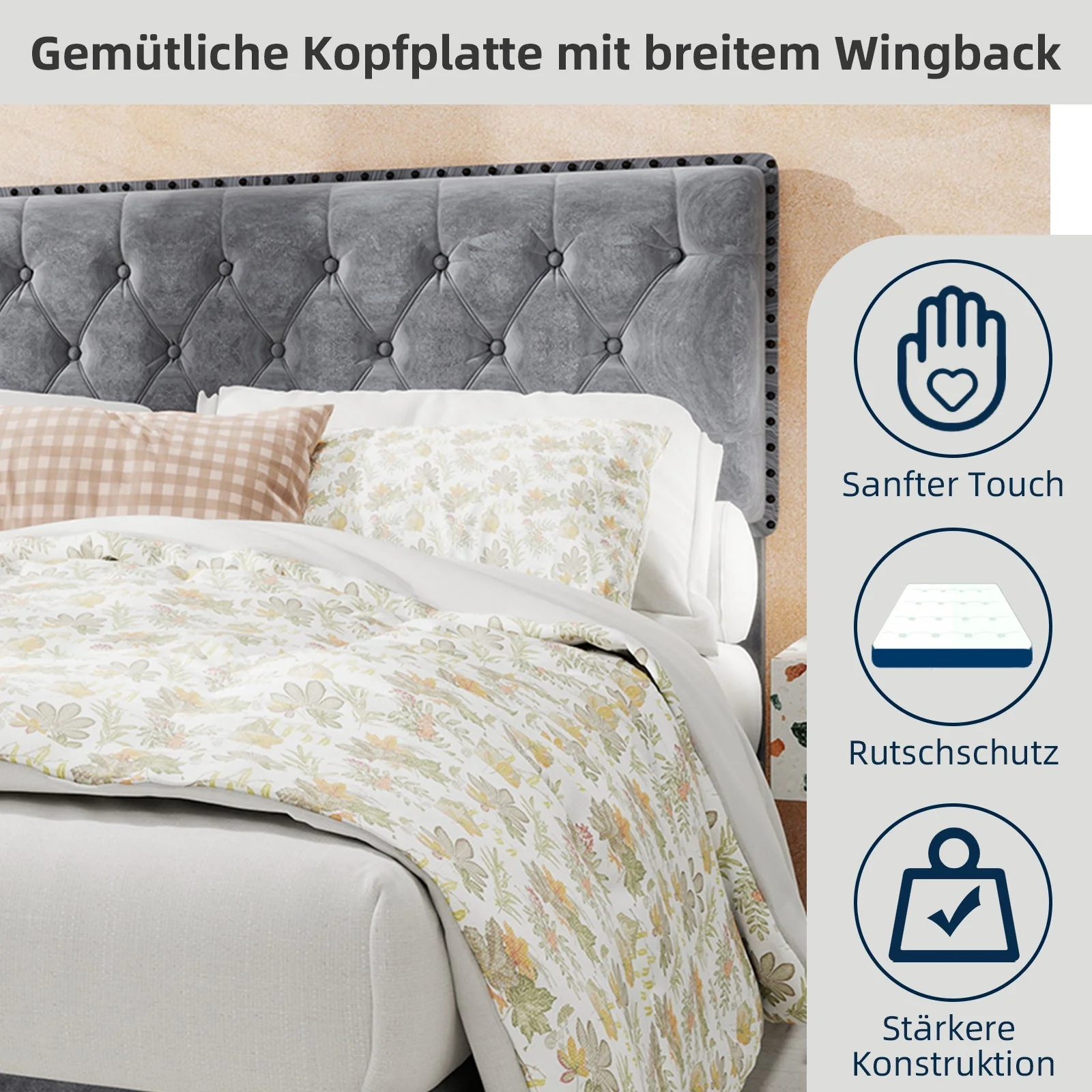 Modern Minimalist Soft Bed, 160*200CM, Hydraulic Rod, Gray - Image 4