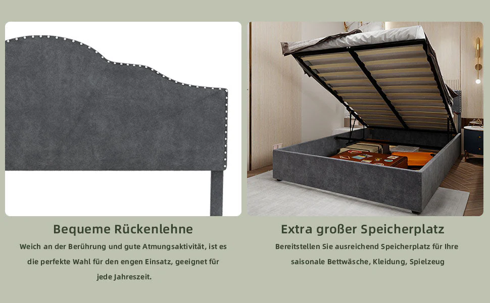 Modern Minimalist Soft Bed, High Box with Pneumatic Rod, 140*200CM, Gray - Image 5