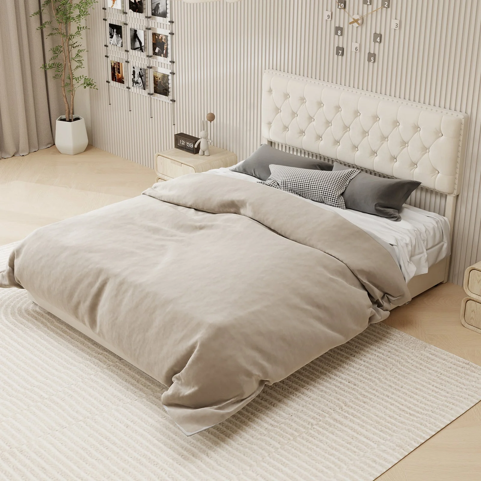 Modern Minimalist Soft Bed with Hydraulic Storage and 160x200cm Frame, Beige Dutch Velvet - Image 10