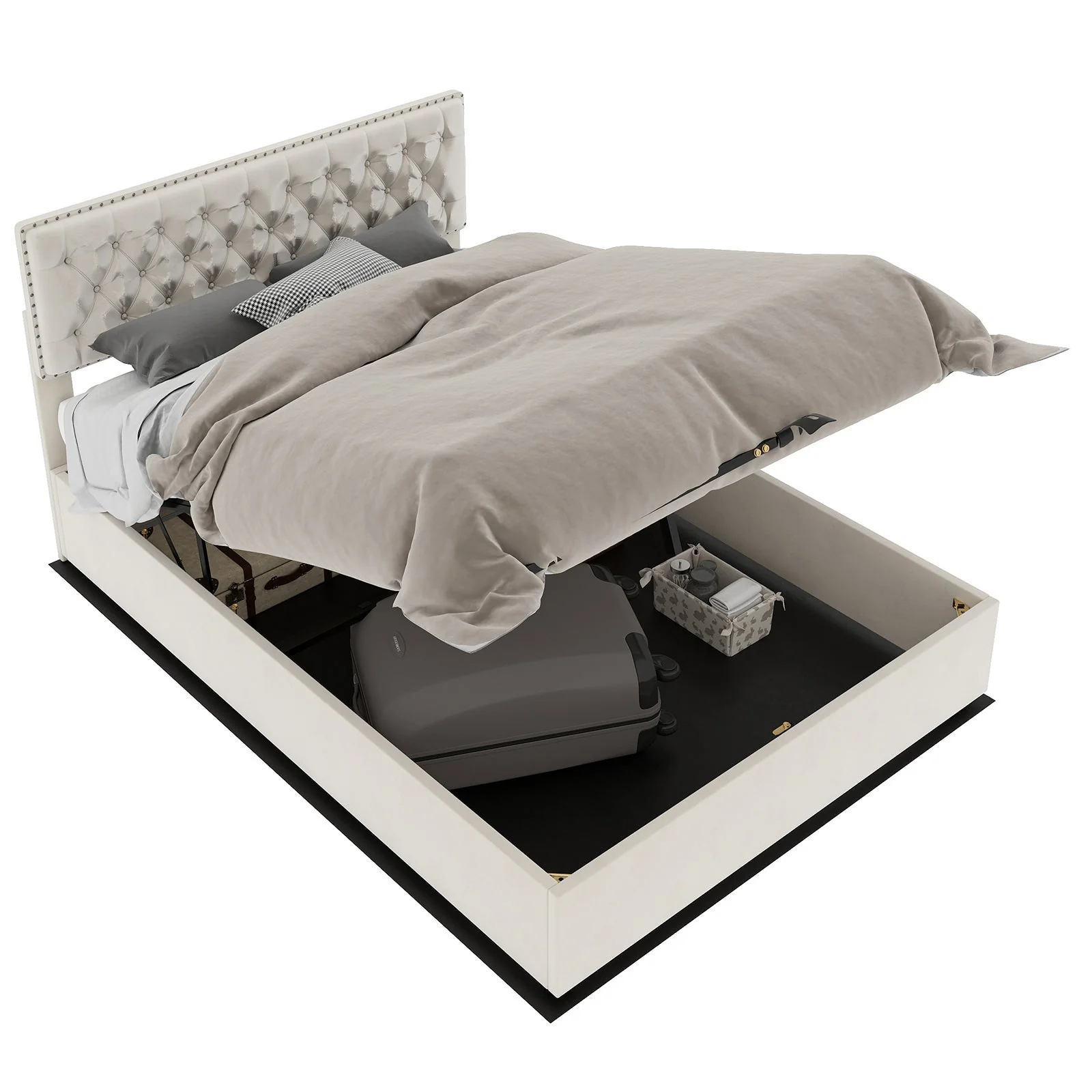 Modern Minimalist Soft Bed with Hydraulic Storage and 160x200cm Frame, Beige Dutch Velvet - Image 7