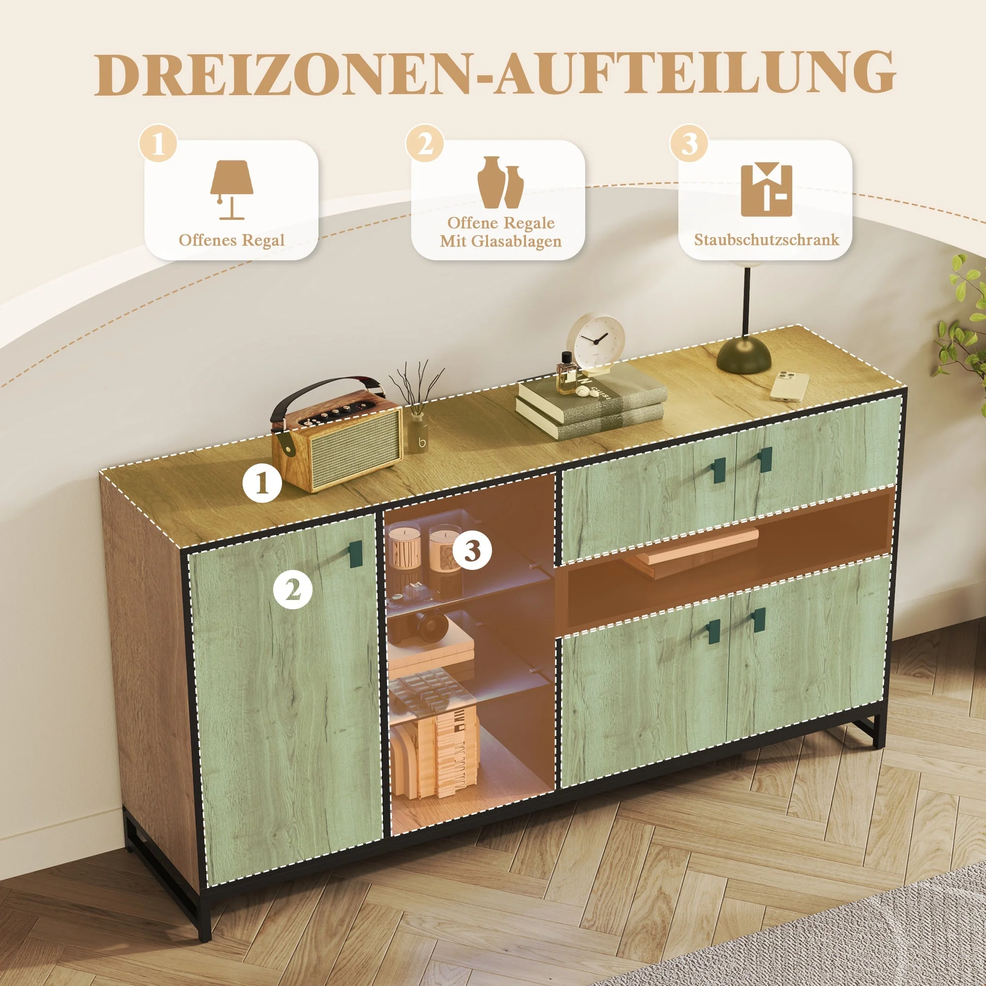 Modern Minimalist Storage Cabinet with Double Doors, Open Shelving and Glass Shelves, Wood and Metal - Image 4