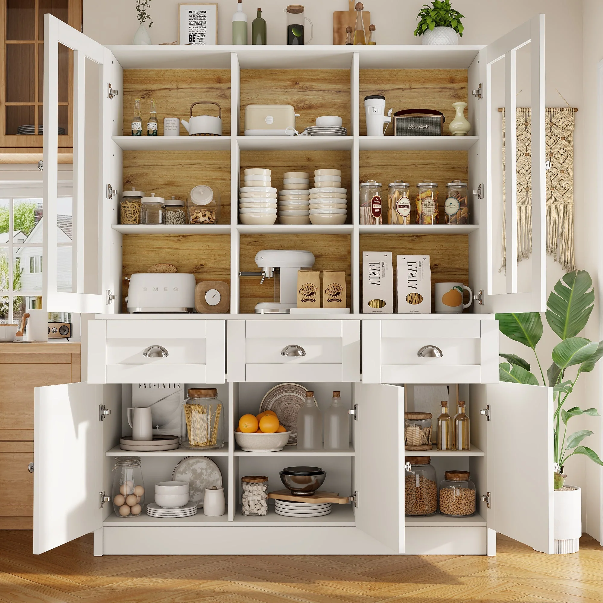 Modern Minimalist Tall Display Cabinet 140x175cm with Drawers White